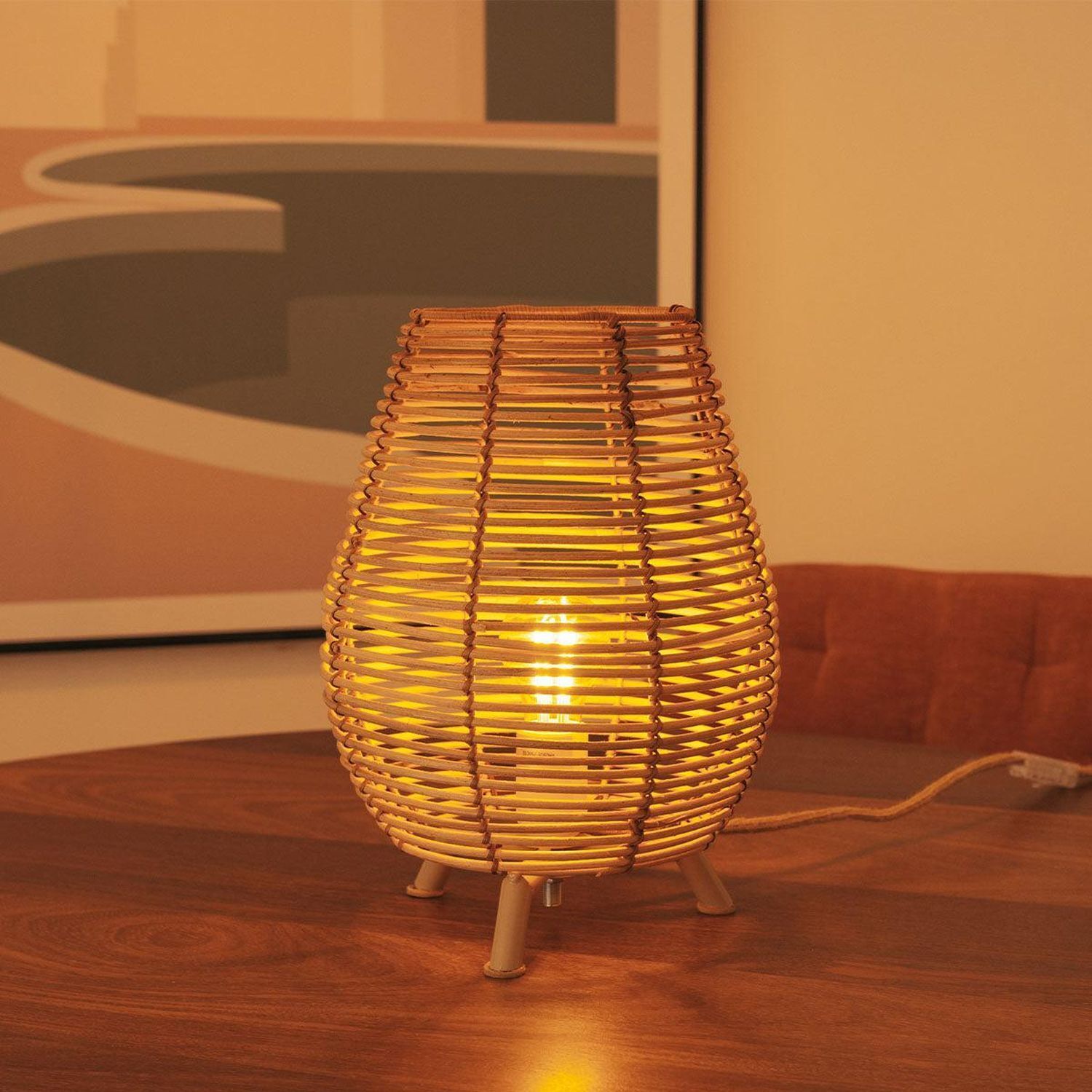 Tischlampe Rattan E27 H: 32,5 cm Dreibein Boho TOKI Lampe