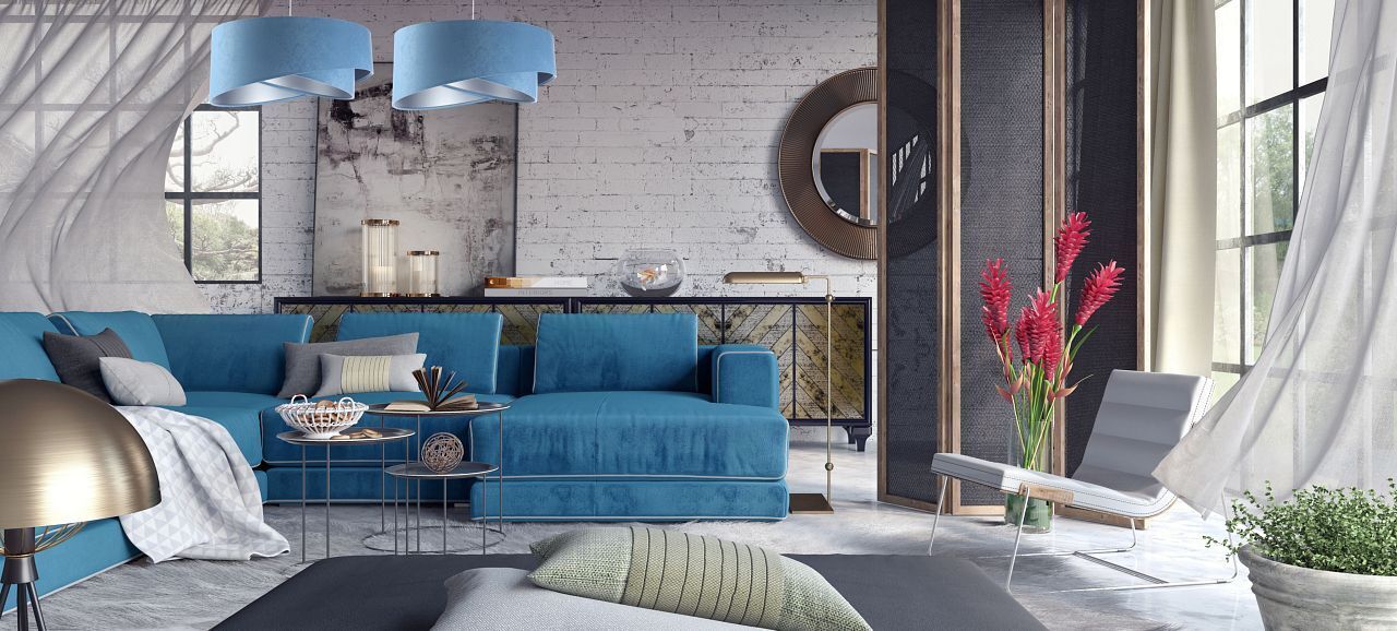 Pendelleuchte Blau Silber E27 rund Ø 50 cm Velours Optik