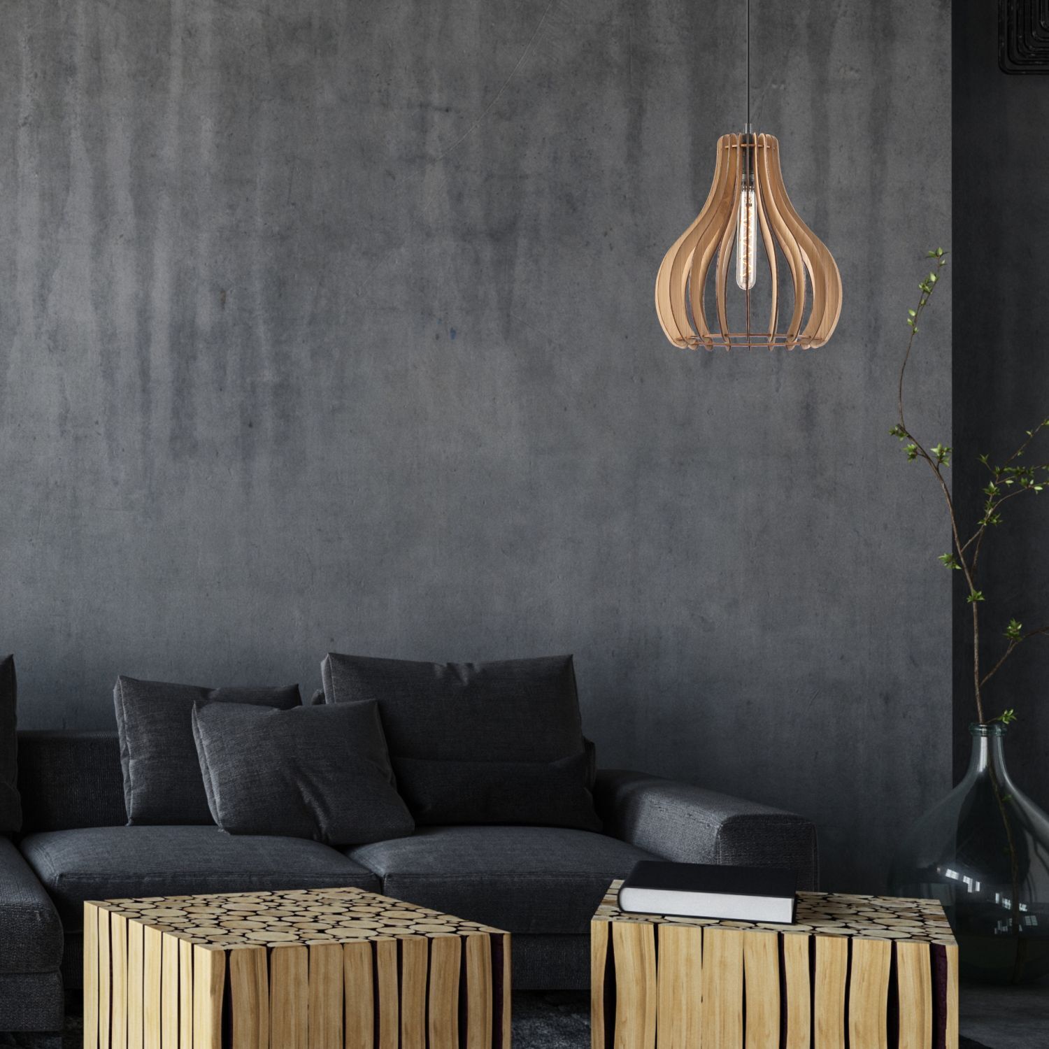 Gemütliche Hängelampe Holz Stahl Ø29 cm Schwarz Natur Sofa, Wohnzimmer, Couch, Holztable, Lampe