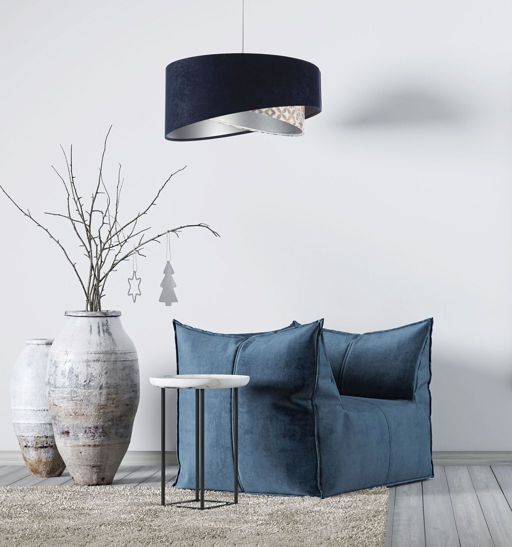 Hängeleuchte Stoff D: 50 cm Velours Optik Blau Beige Silber