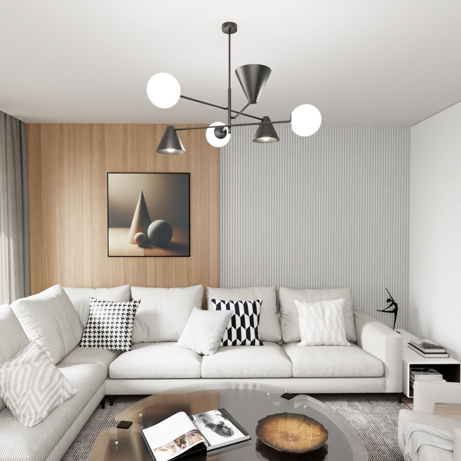 Wohnzimmer, Sofa, Kronleuchter, Wandpaneel, Kissen