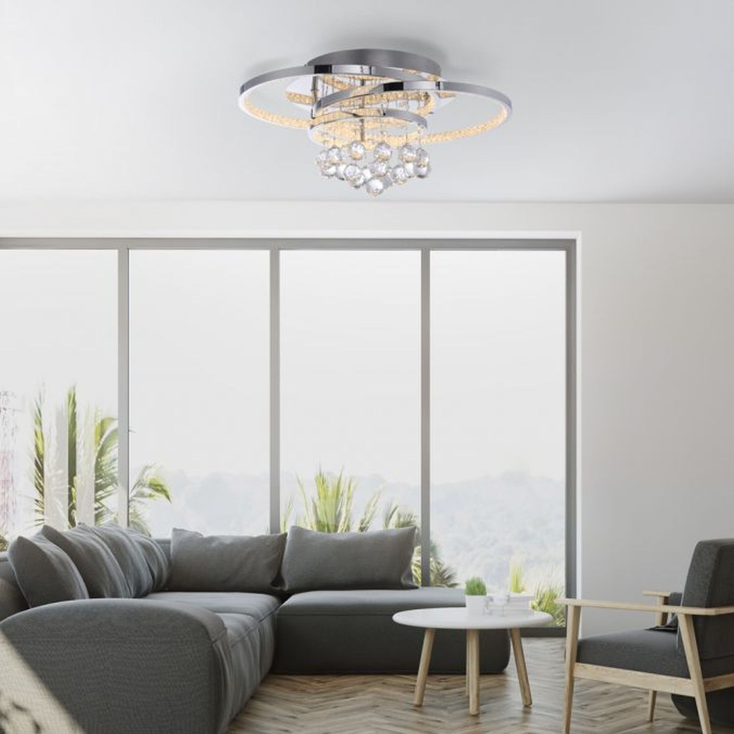 LED Deckenlampe mit Kristallanhänger in Chrom warmweiß Wohnzimmer, Kronleuchter, Lampe, Dekoration für Zuhause, Couch