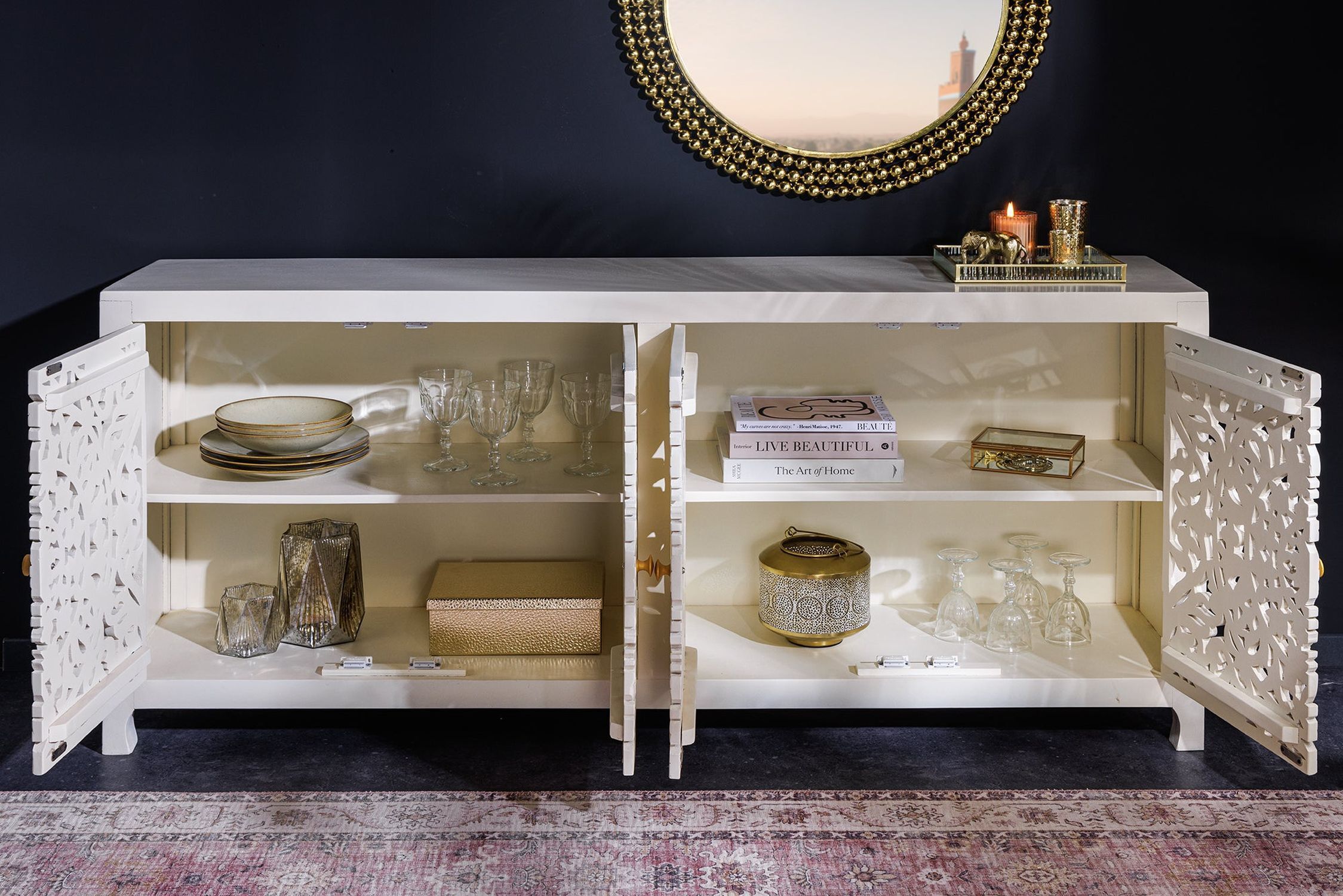 Sideboard Holz 170 cm Weiß Gold Handarbeit dekorativ Moebel, Anrichte, Kabinett