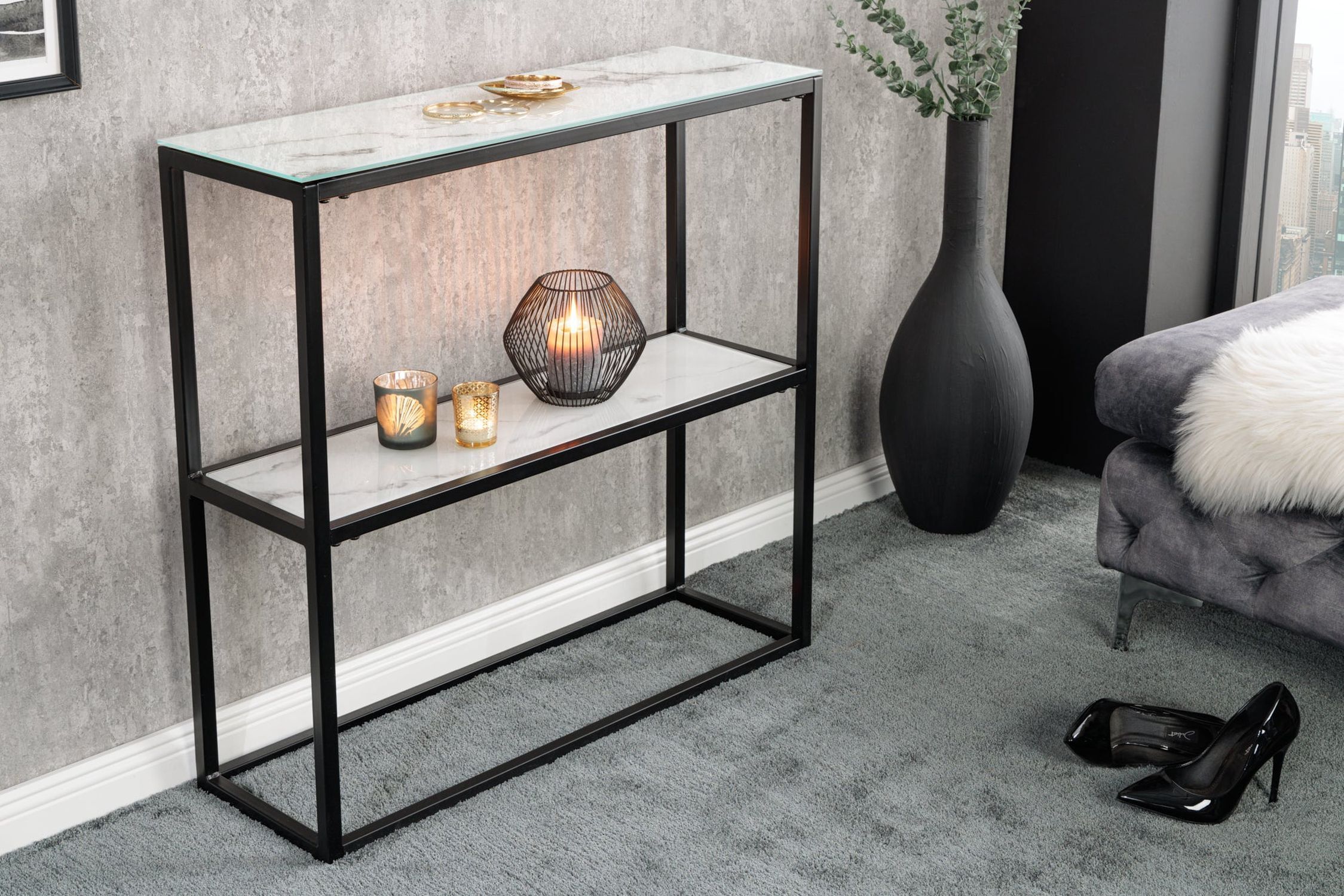 Konsolentisch Hartglas Metall in Weiß Schwarz 80 cm