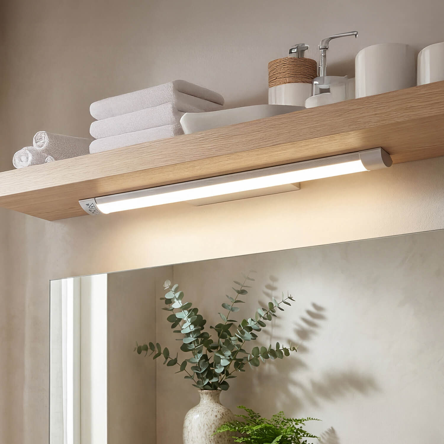 LED Unterbauleuchte mit Schalter B: 60 cm IP42 Weiß 4000 K LED-Licht, Unterbauleuchte, Badezimmerleuchte, HolzRegal, Handtücher