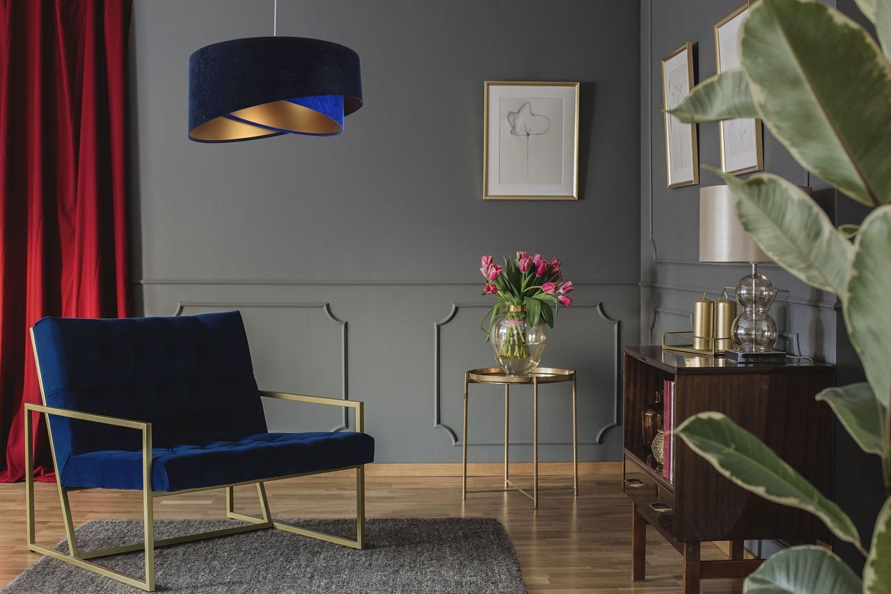 Hängelampe Blau Gold E27 Ø 50 cm Stoff Schirm Veloursoptik Lampe, Pflanze, Dekoration für Zuhause, Wohnzimmer, Zimmer