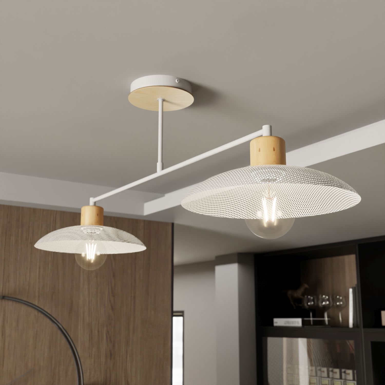 Deckenleuchte Metall 100 cm lang E27 2-flammig Weiß Holzoptik