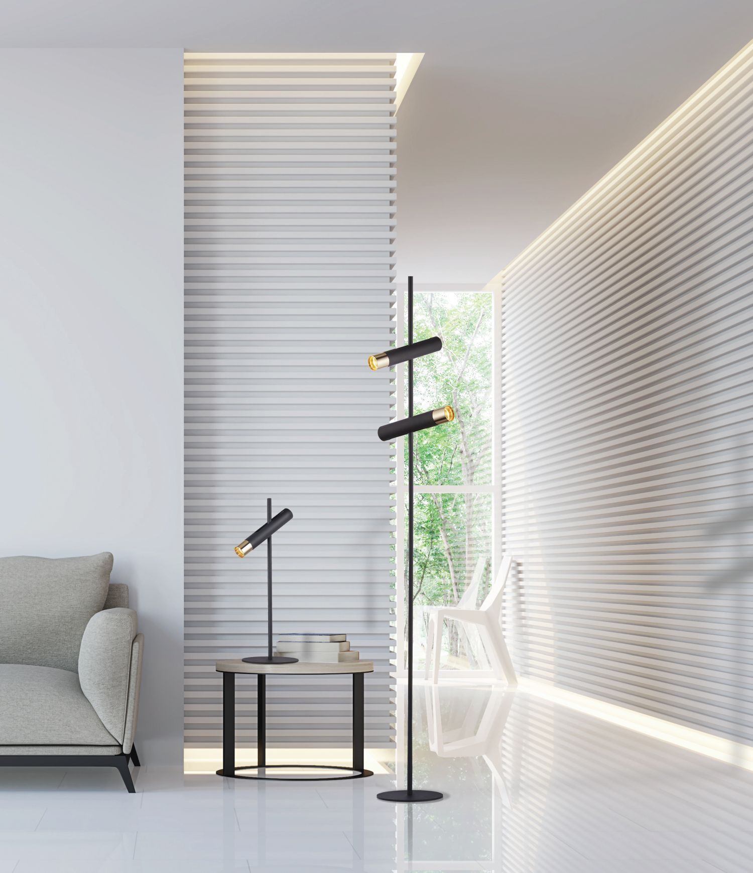 Stehleuchte LED verstellbar 151 cm in Schwarz Gold 3000 K