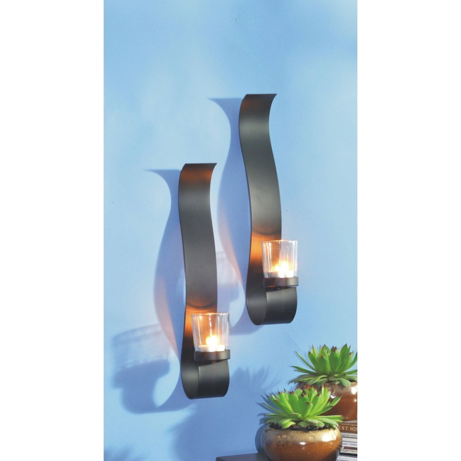 Kerzenhalter Metall Glas 2er Set H: 34,5 cm Schwarz Pflanze, Pflanze im Topf