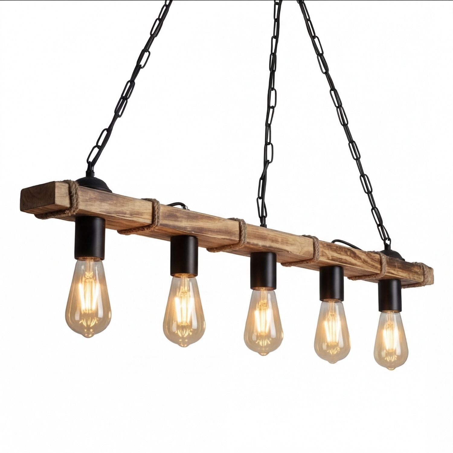 Lampenkette, hängendes Licht, Holzleiste, fünf Glühbirnen, industriell