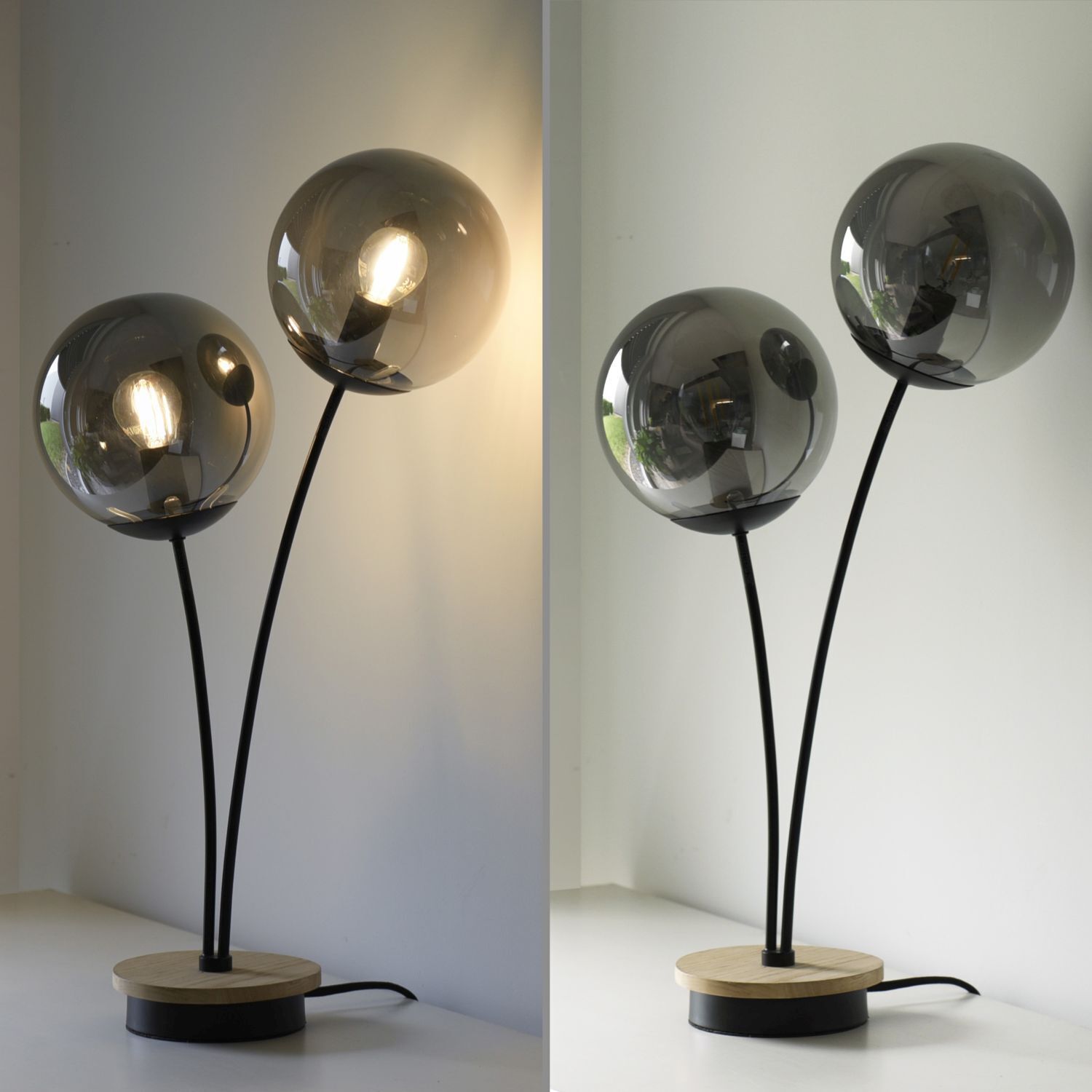 Stylische Tischlampe Rauchglas Holz E14 60 cm 2-flammig Lampe