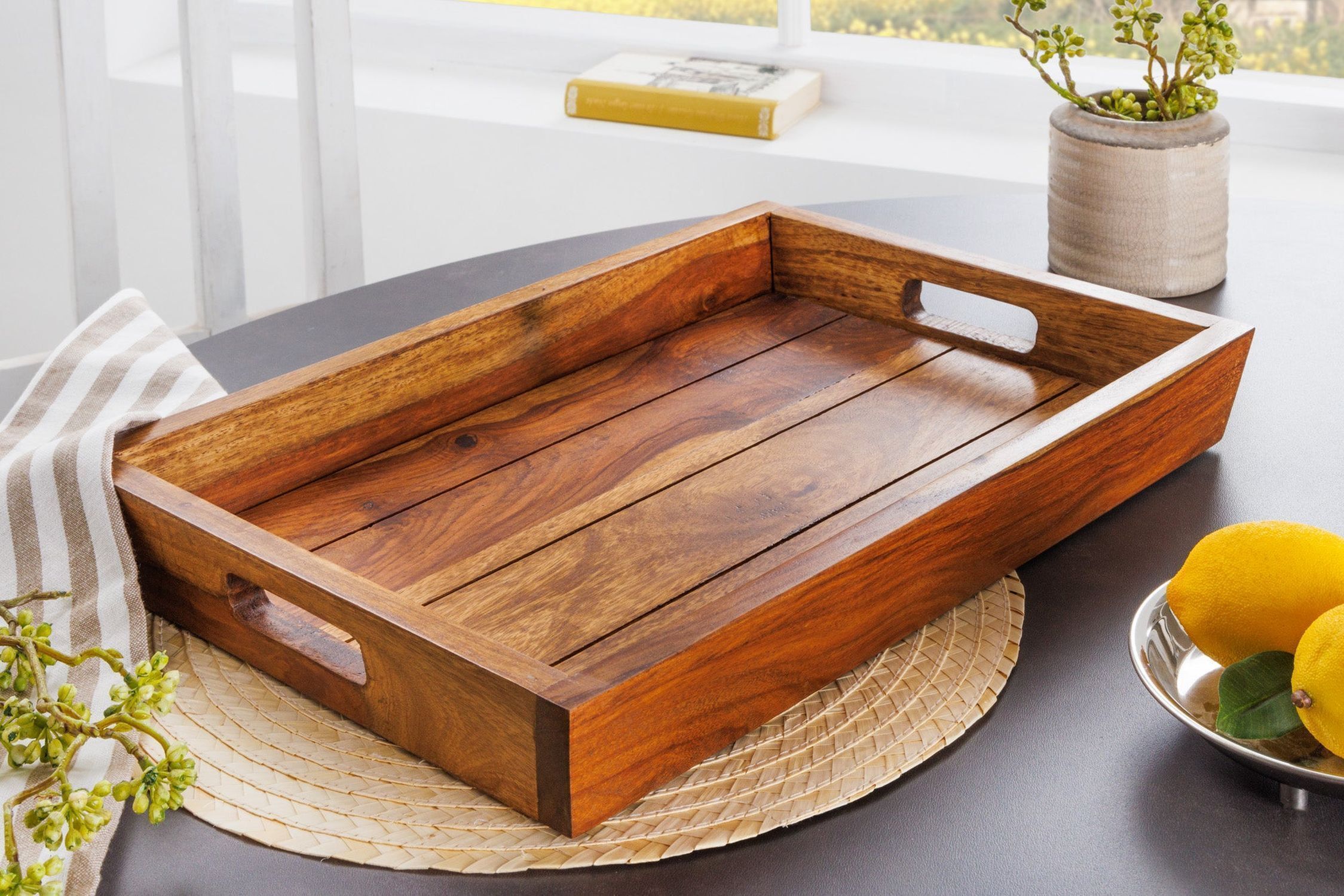 Tablett Holz Sheesham 29 x 44 cm mit Griffen Unikat Hartholz, Holz, Gebeiztes Holz