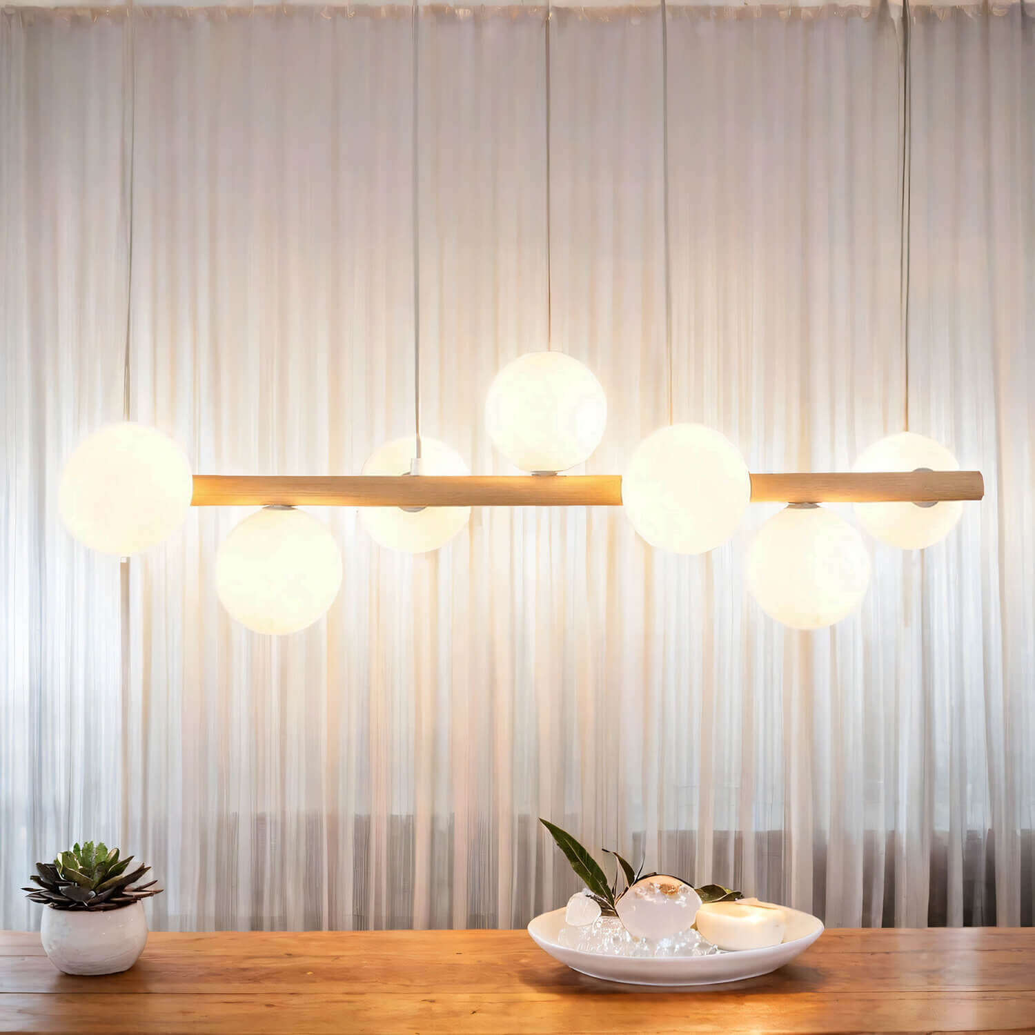 Hängelampe Holz Metall Glas L: 90 cm 7x G9 Modern