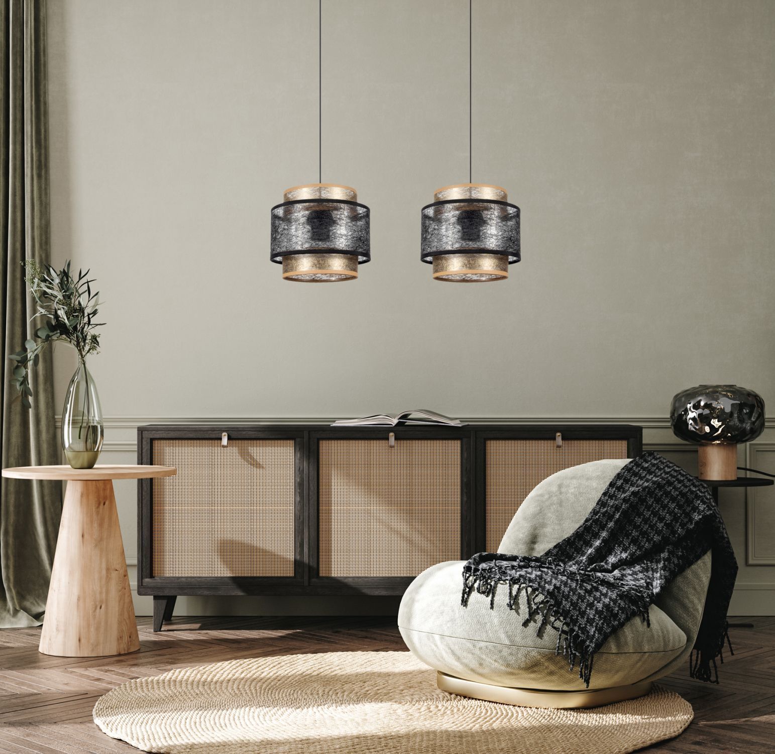 Pendelleuchte Schwarz Gold 2-flammig E27 Stoff blendarm
