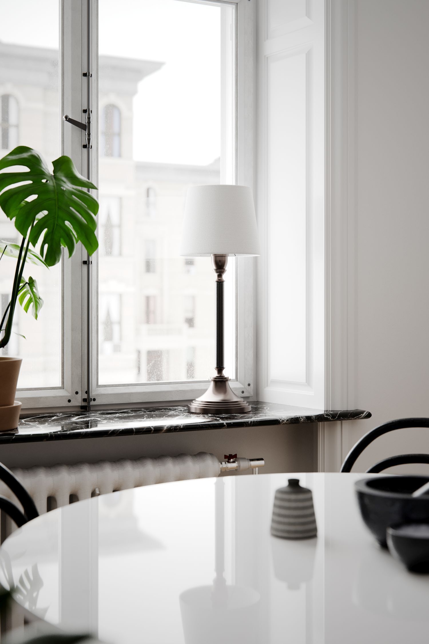 Lampe, Fenster, Fensterbank, Tischplatte, Pflanze