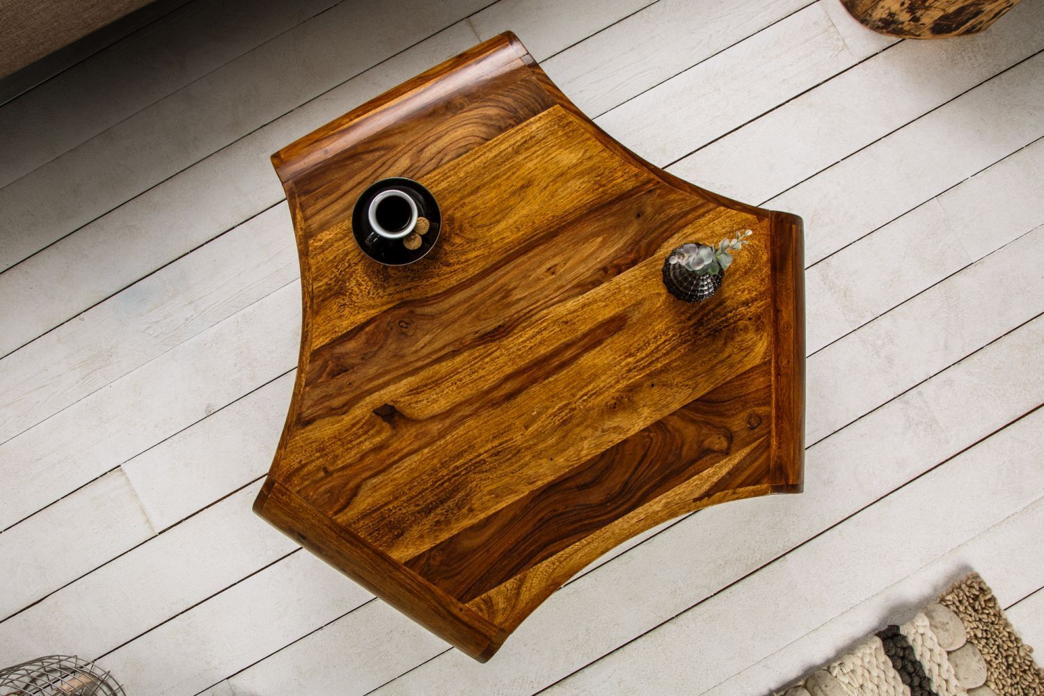 Couchtisch Sheesham Holz Metall 90x80 cm in Natur Schwarz Hartholz, Gebeiztes Holz, Holz, Drinnen, Innenarchitektur