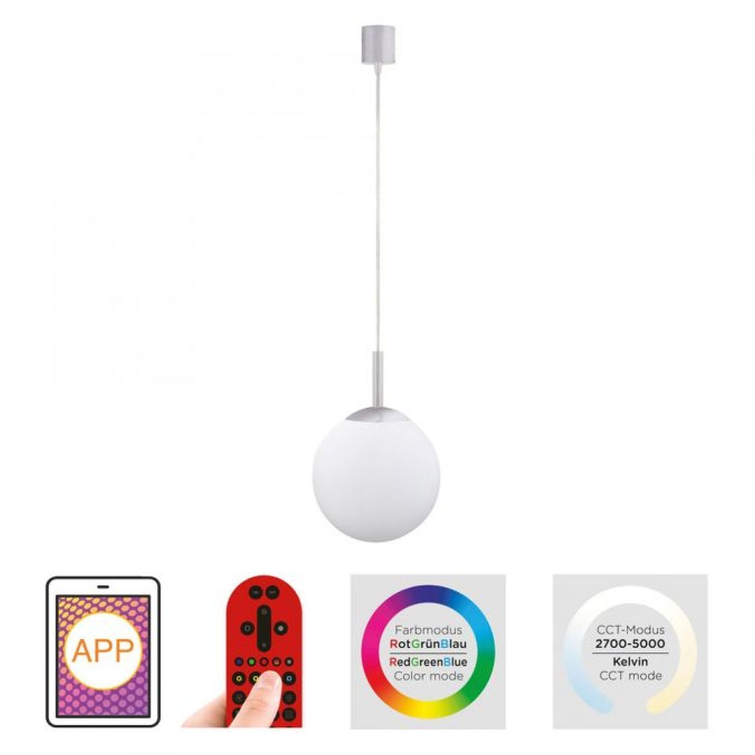 LED Hängelampe RGB Smart Home Glaskugel dimmbar Ø20 cm