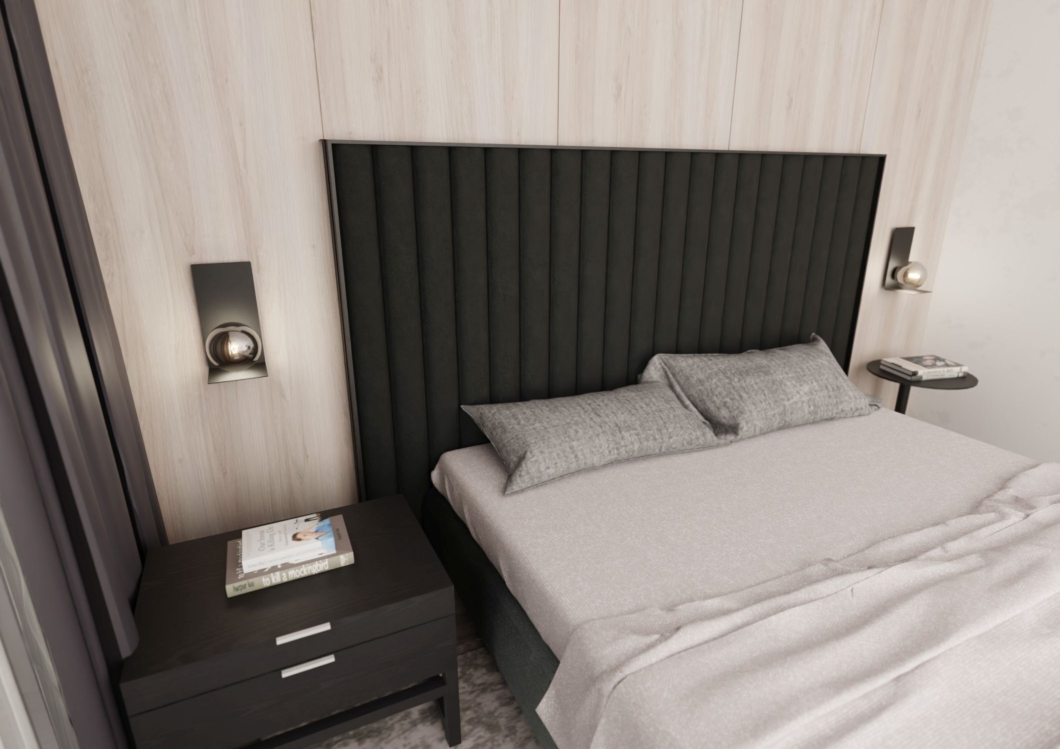 Drinnen, Innenarchitektur, Paneele aus Holz, Bett, Mobiliar