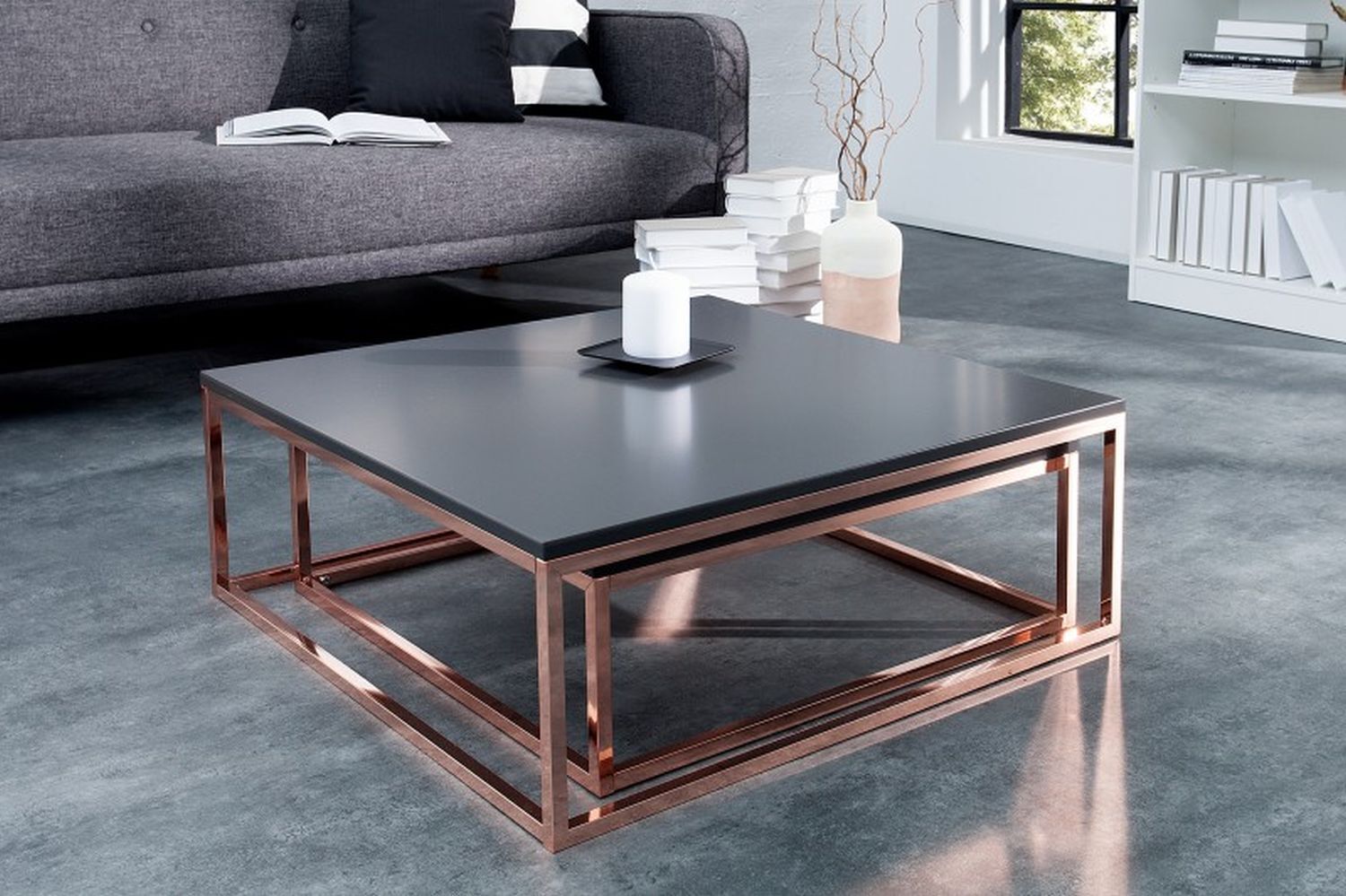 Couchtisch MDF Metall 2er Set in Anthrazit Kupfer Kaffeetisch, Mobiliar, Tabelle, Tischplatte, Couch
