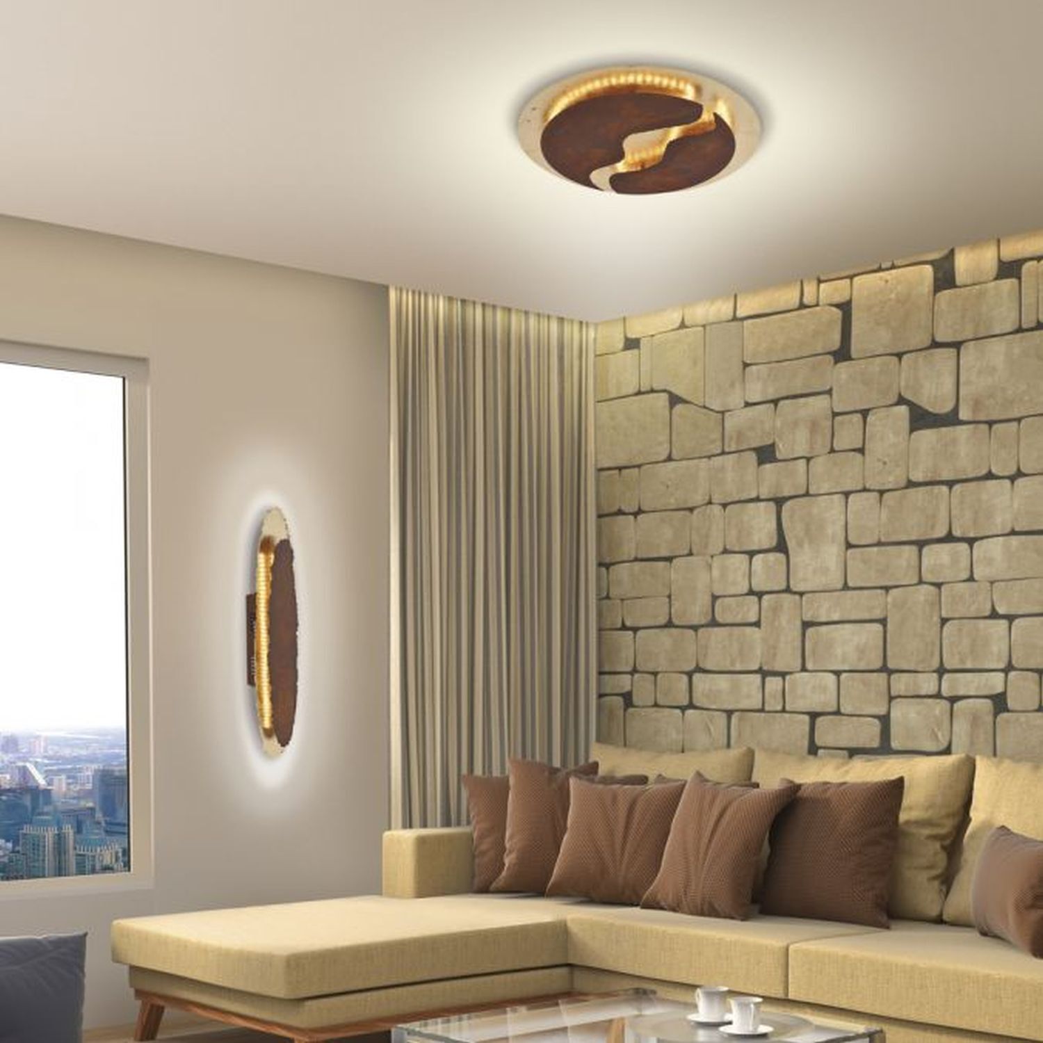 LED Deckenleuchte dimmbar Rostbraun Gold Ø50 cm 3000 K Drinnen, Innenarchitektur, Wohnzimmer, Deckenleuchte, Dekoration für Zuhause