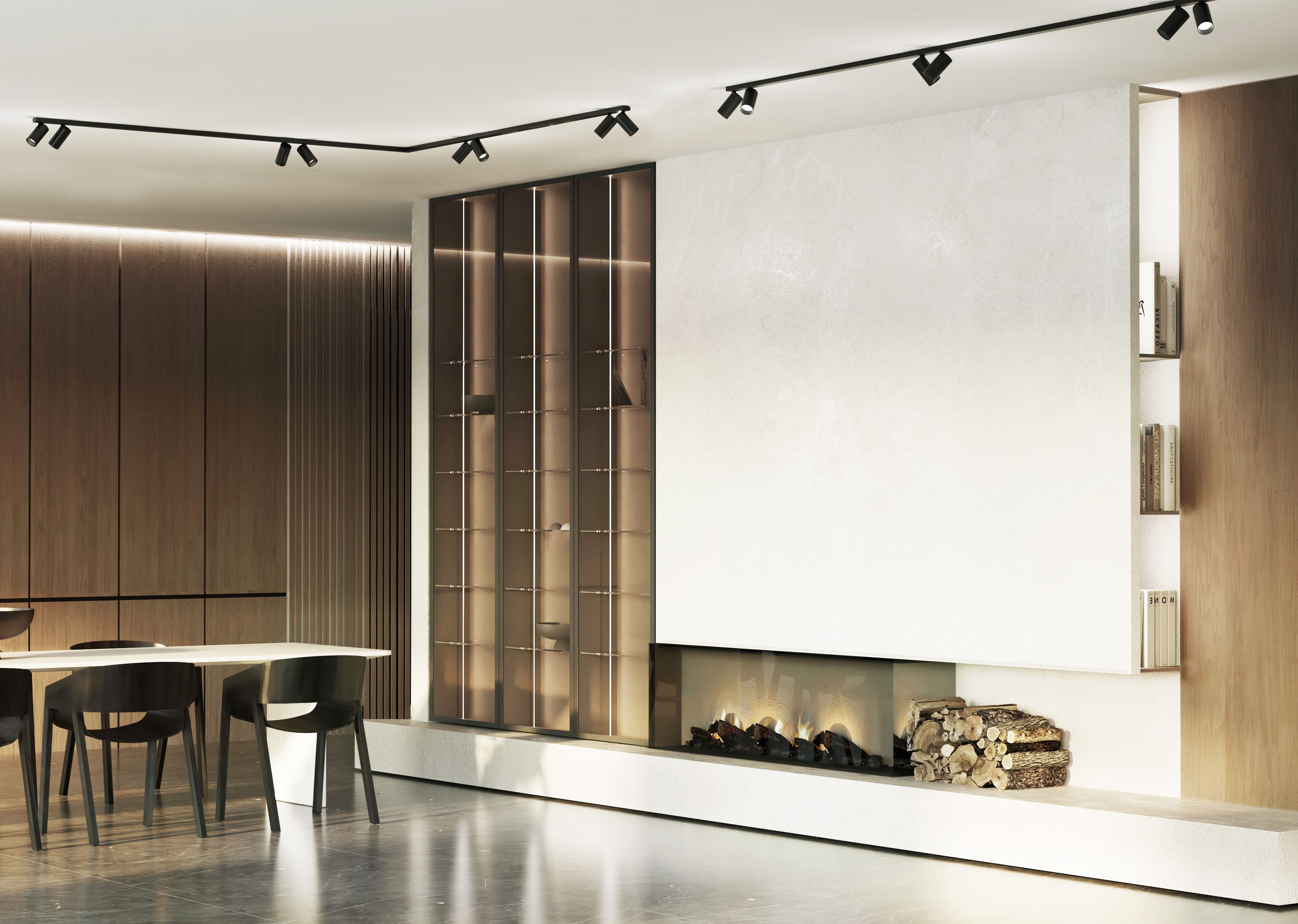 holzpaneel, schrankwand, modernes wohnzimmer, kamin, regal