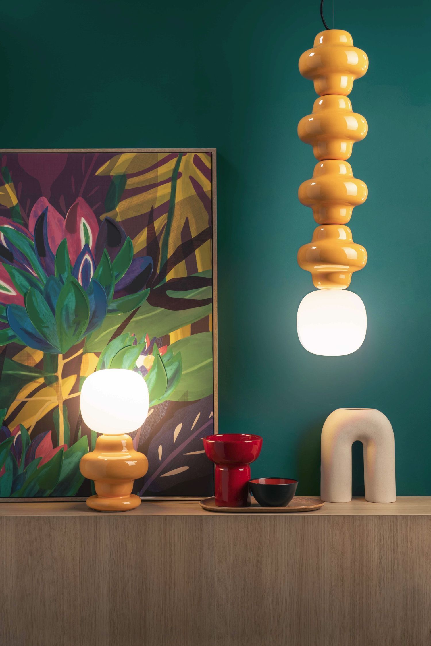 Hängeleuchte Keramik Glas Gelb Weiß E14 Retro Design
