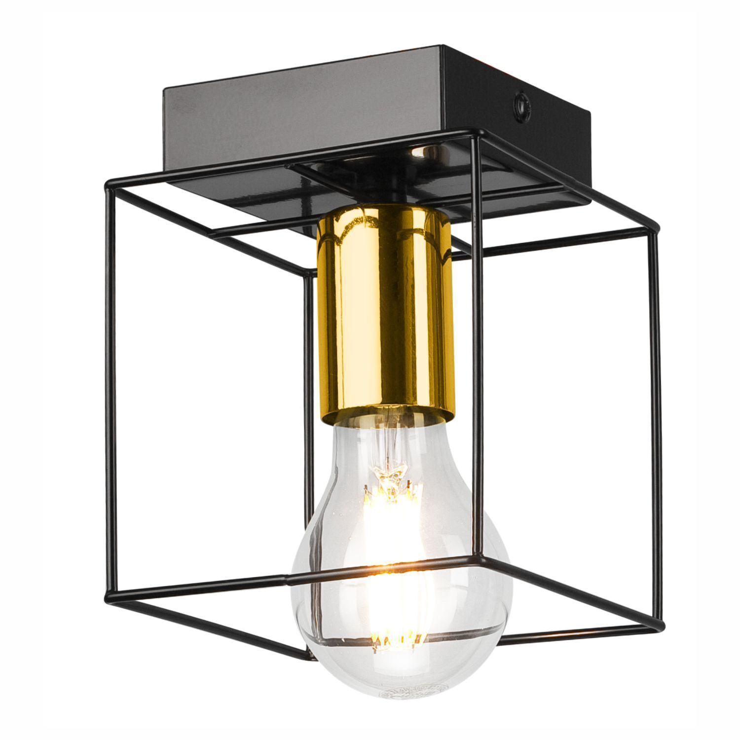 Deckenleuchte eckig klein E27 Draht Metall Würfel Schwarz Gold
