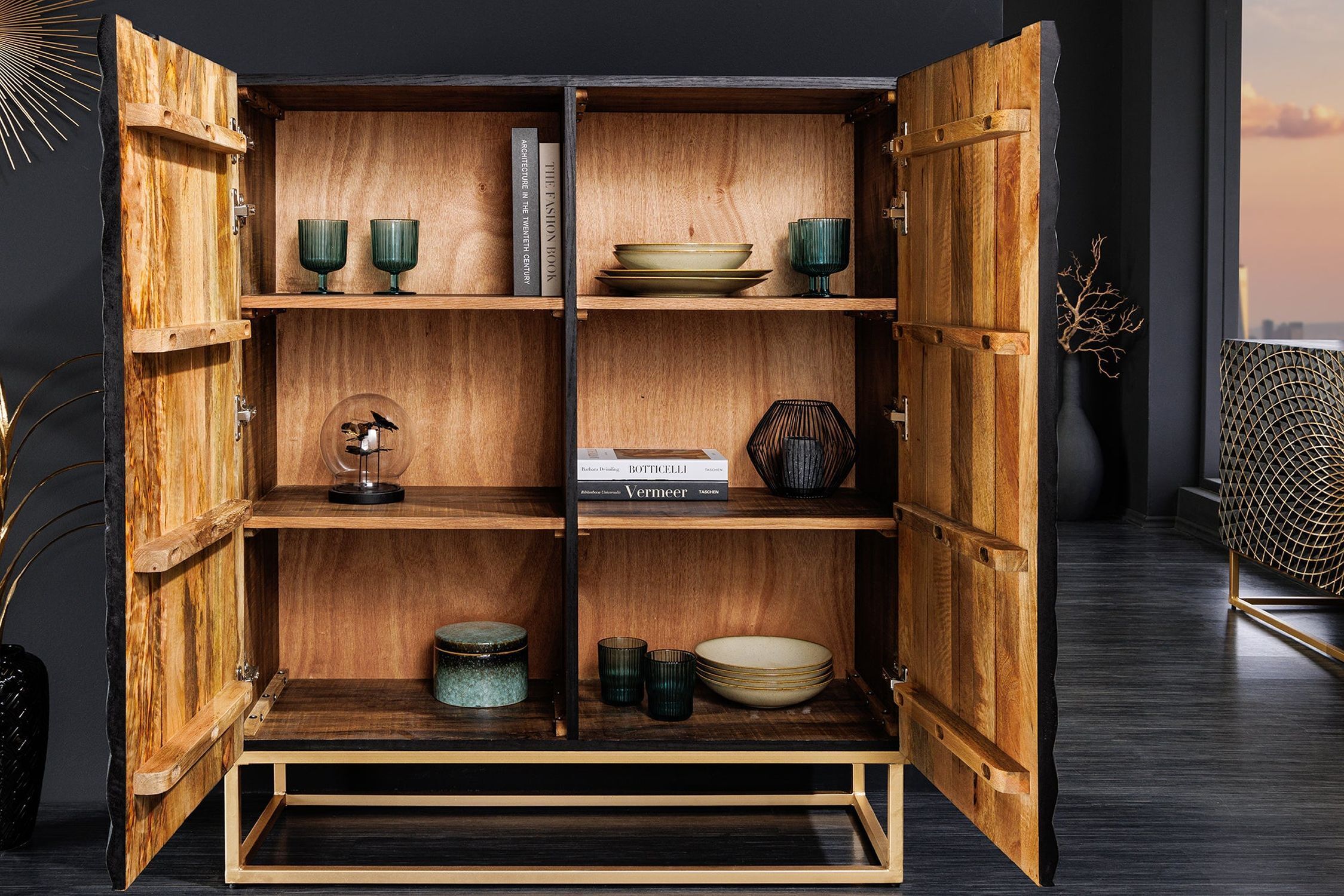 Highboard Schwarz Gold 100 x 120 cm (BxH) Holz Eisen Holz, Hartholz, Mobiliar, Gebeiztes Holz, Innenarchitektur