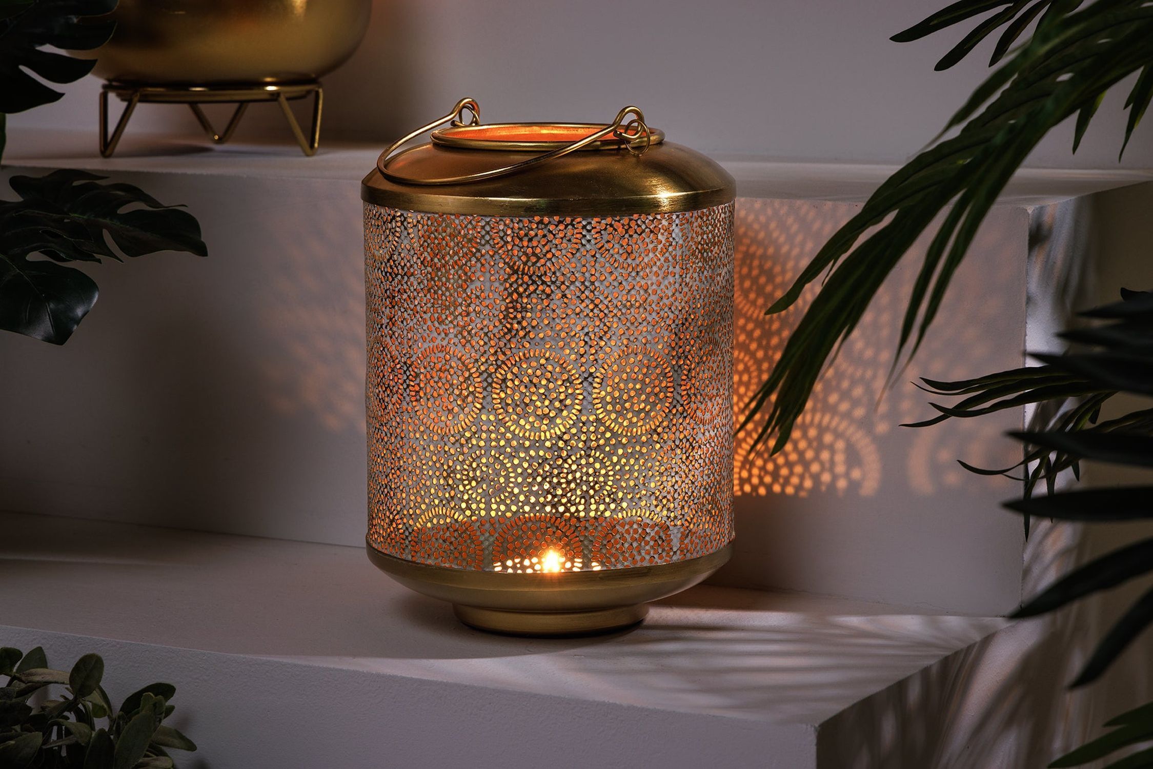 Laterne Eisen Ø 18 cm Weiß Gold Handarbeit REMUS Lampe, Glas