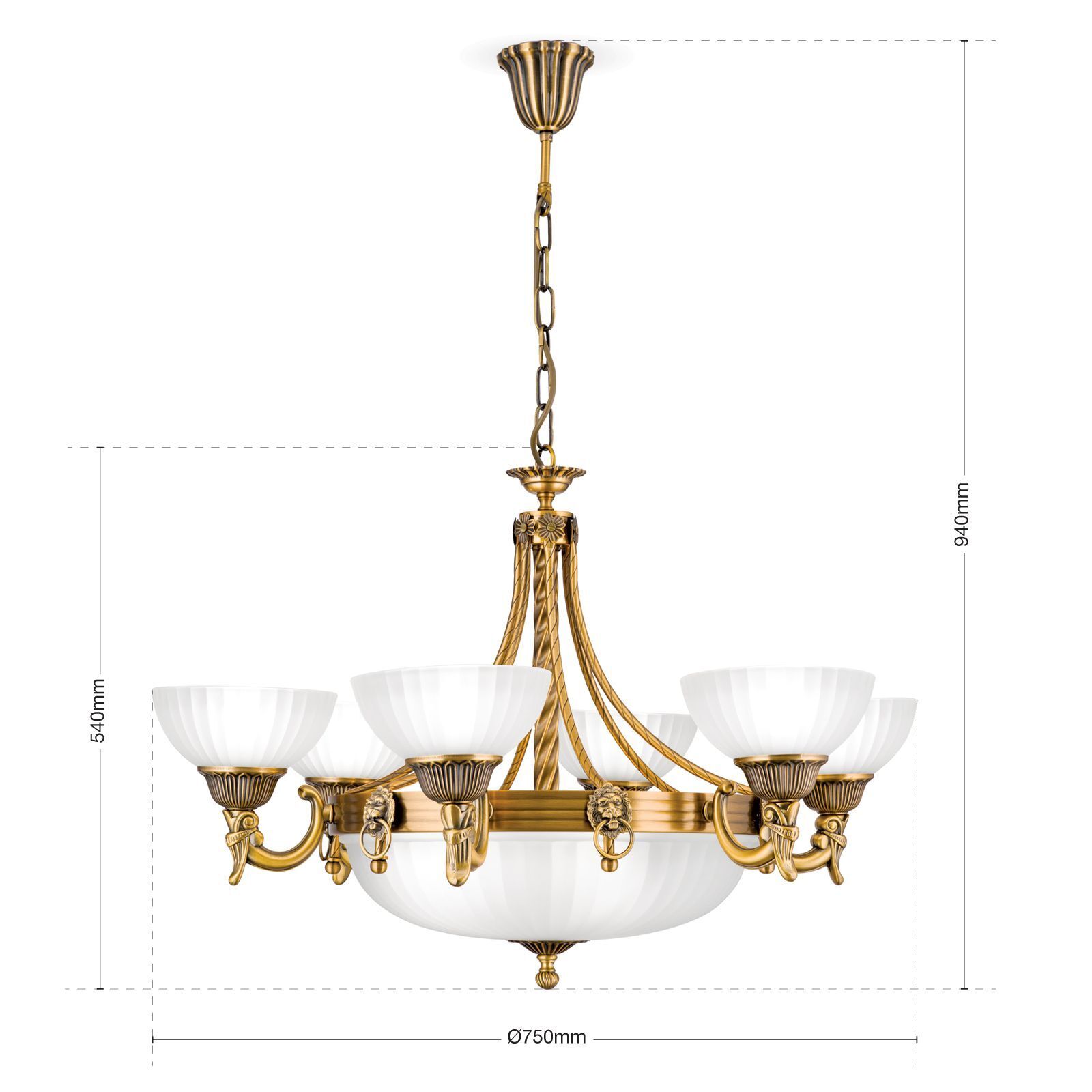 Kronleuchter, Goldton, Elgante Chandelle, Weißes Glas, Kettehängend