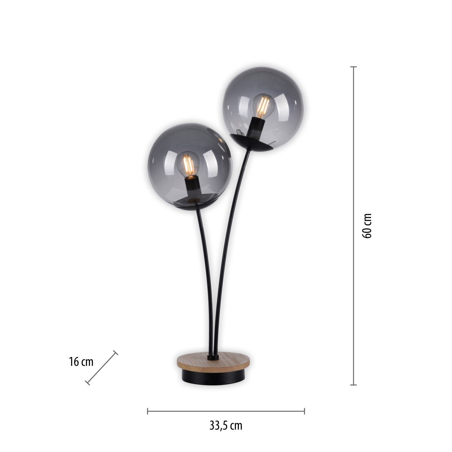Stylische Tischlampe Rauchglas Holz E14 60 cm 2-flammig Lampe