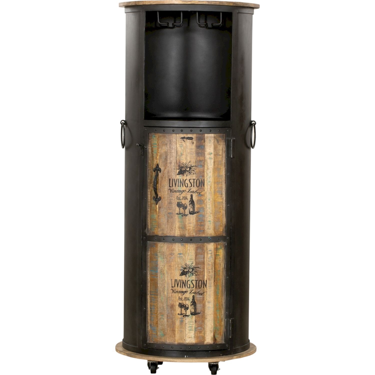 Weinschrank mit Rollen H: 155 cm Stahl Mangoholz Hausbar Kabinett, Mobiliar, Briefkasten