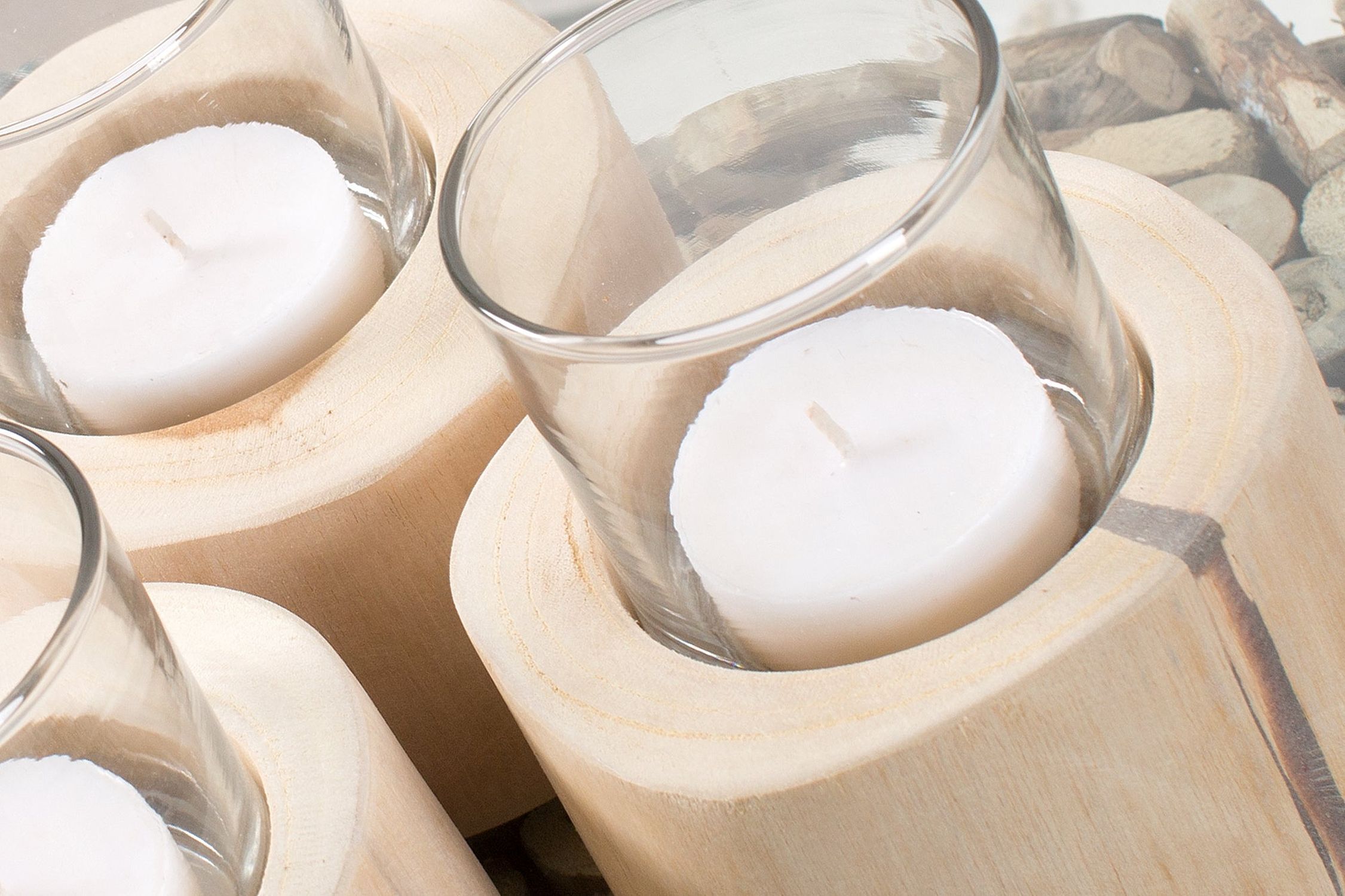 Teelichthalter 3er Set Teakholz Glas Unikat für Außen Innen