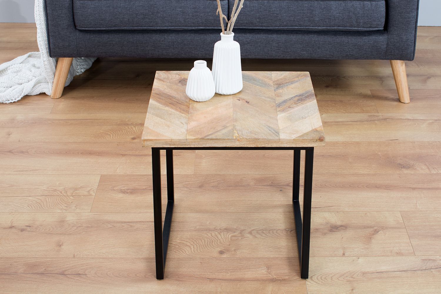 Couchtisch Mango Holz Metall 45x160 cm in Natur Schwarz Moebel, Tabelle, Kaffeetisch, Tischplatte, Holz