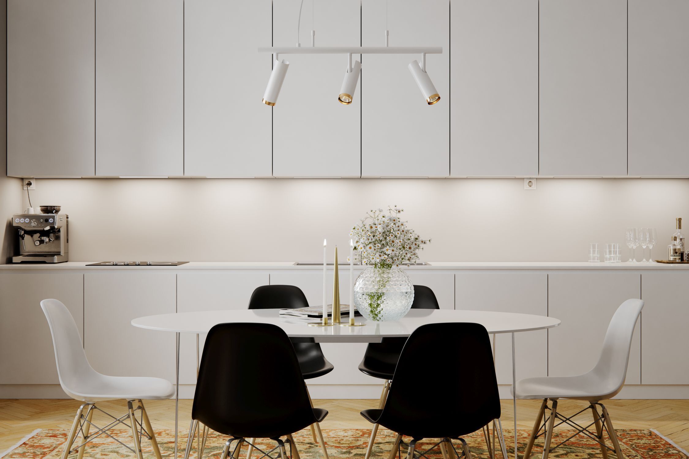 Pendelleuchte 3-flammig 80 cm breit H: max. 140 cm GU10 Speisesaal, Esstisch, Drinnen, Tabelle, Innenarchitektur