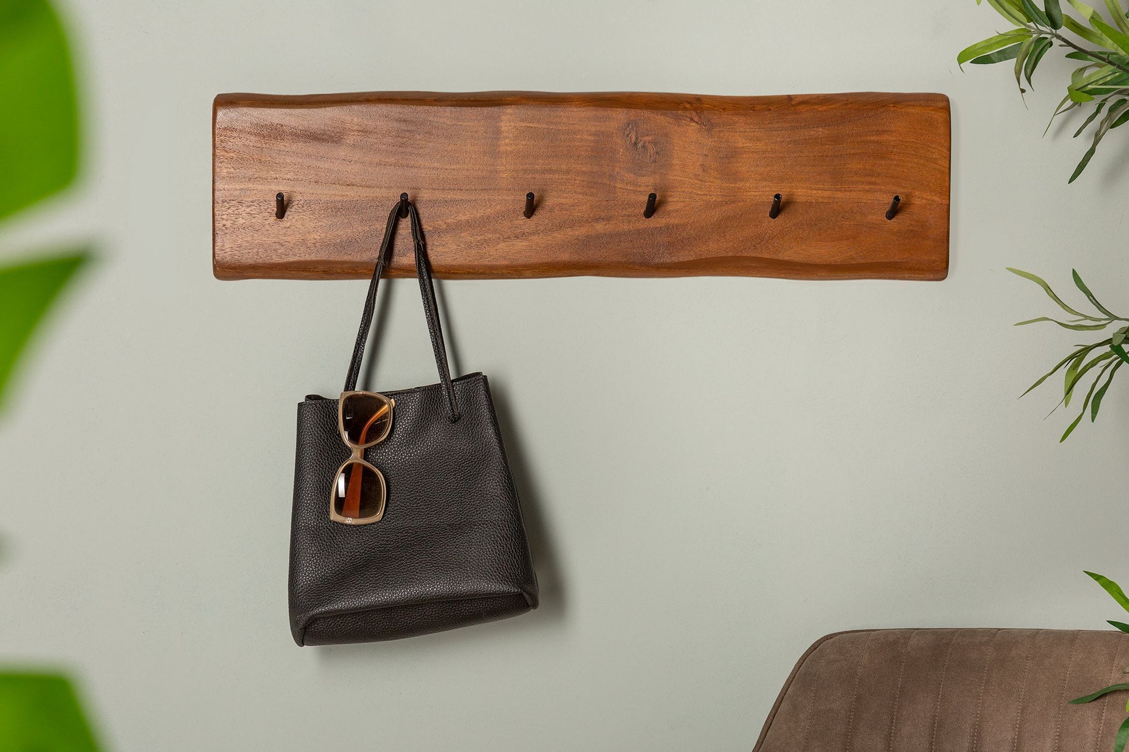 Garderobenhaken 80 cm lang Akazienholz massiv Modern Tasche, Handtasche, Holz, Hartholz, Gebeiztes Holz