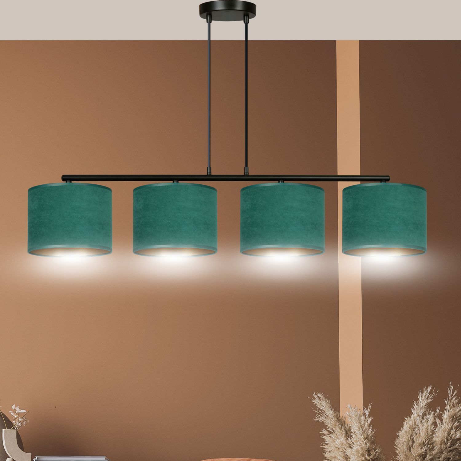 Hängelampe 4-flammig 97 cm Metall Stoff Schwarz Grün Gold E27 Lampe