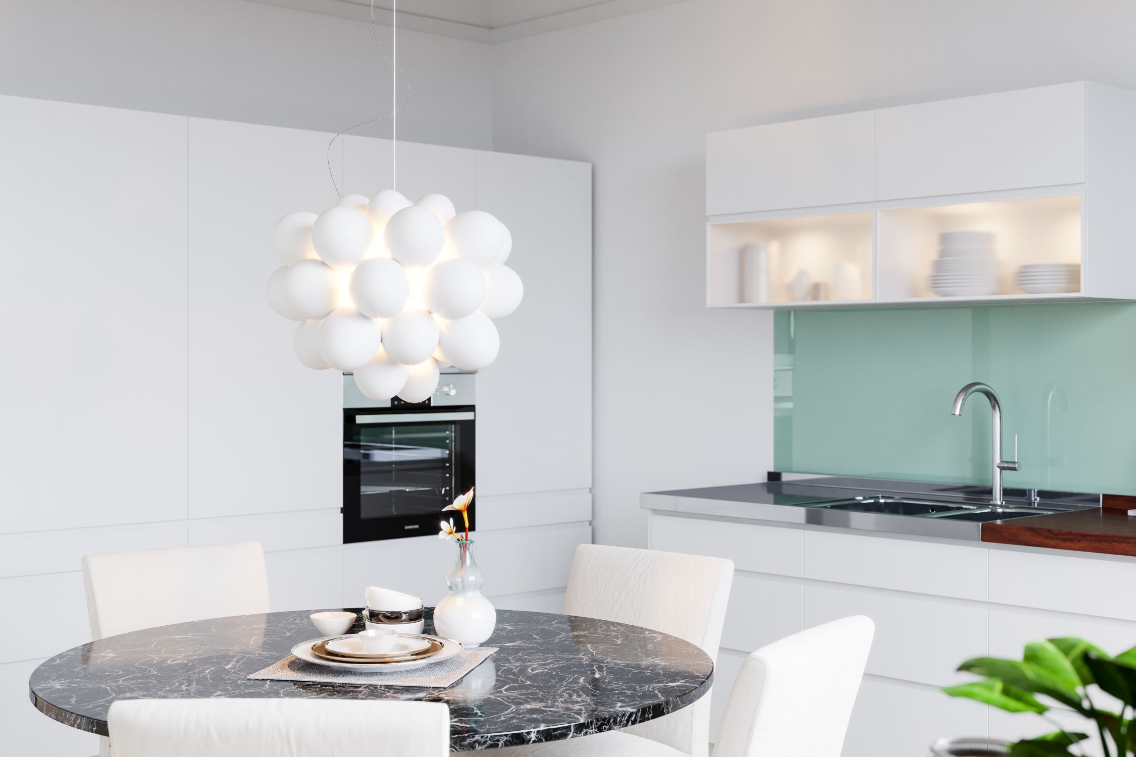 Deckenleuchte Glas Schirme B: 50 cm 8x G9 Modern Weiß Chrom Innenarchitektur, Esszimmer, Esstisch, Tisch, Küche