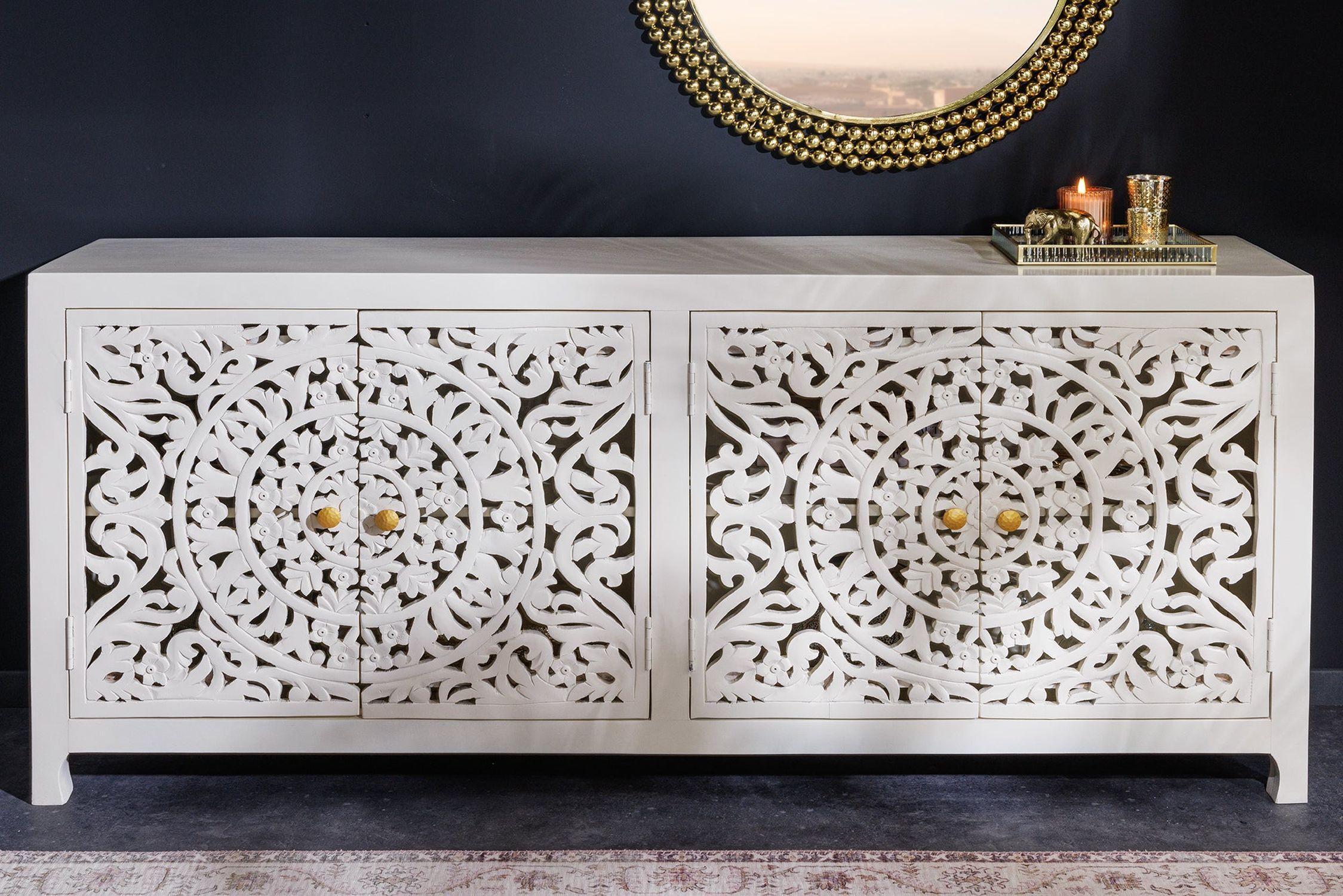 Sideboard Holz 170 cm Weiß Gold Handarbeit dekorativ Moebel, Anrichte, Kabinett