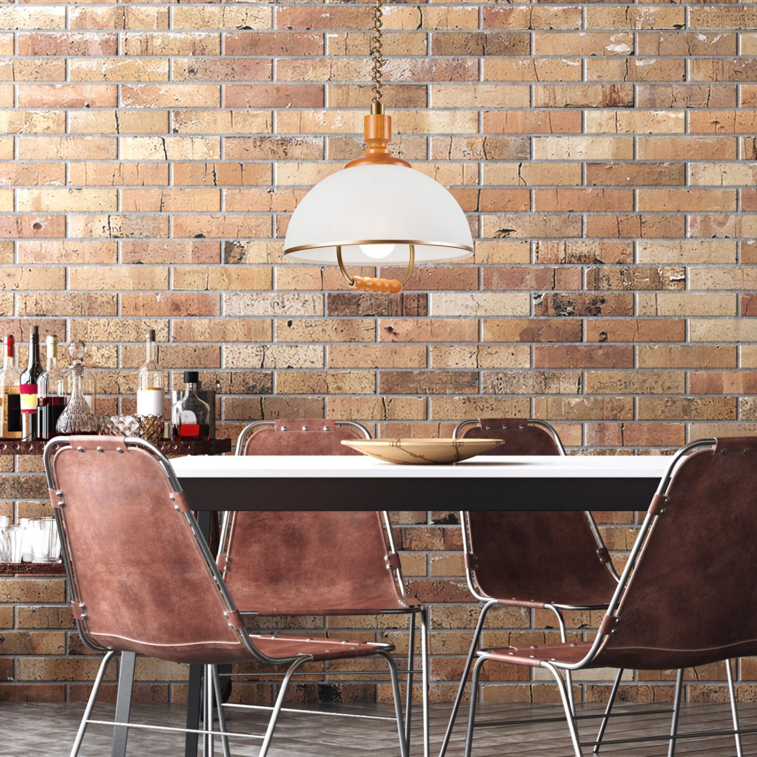 Pfeiler, Ziegelwand, Esstisch, hängende Lampe, Ledersessel