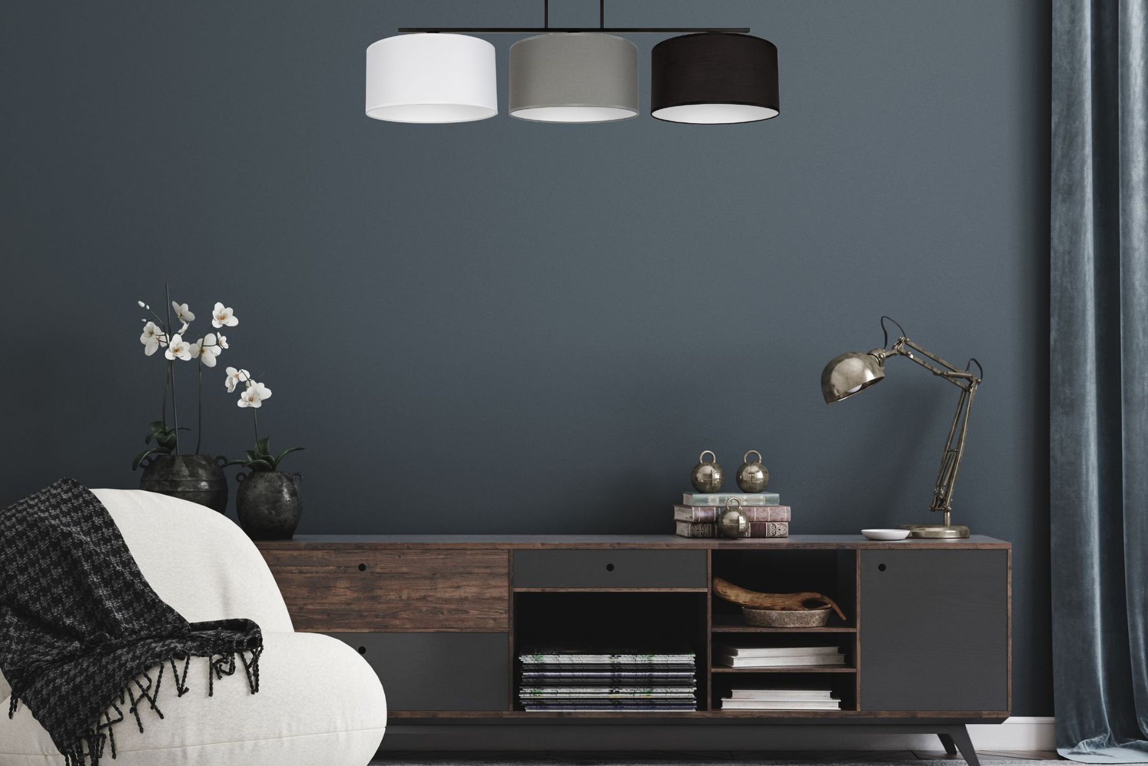 Gemütliche Deckenlampe Stoff Weiß Grau Schwarz 3-flmg Lampe