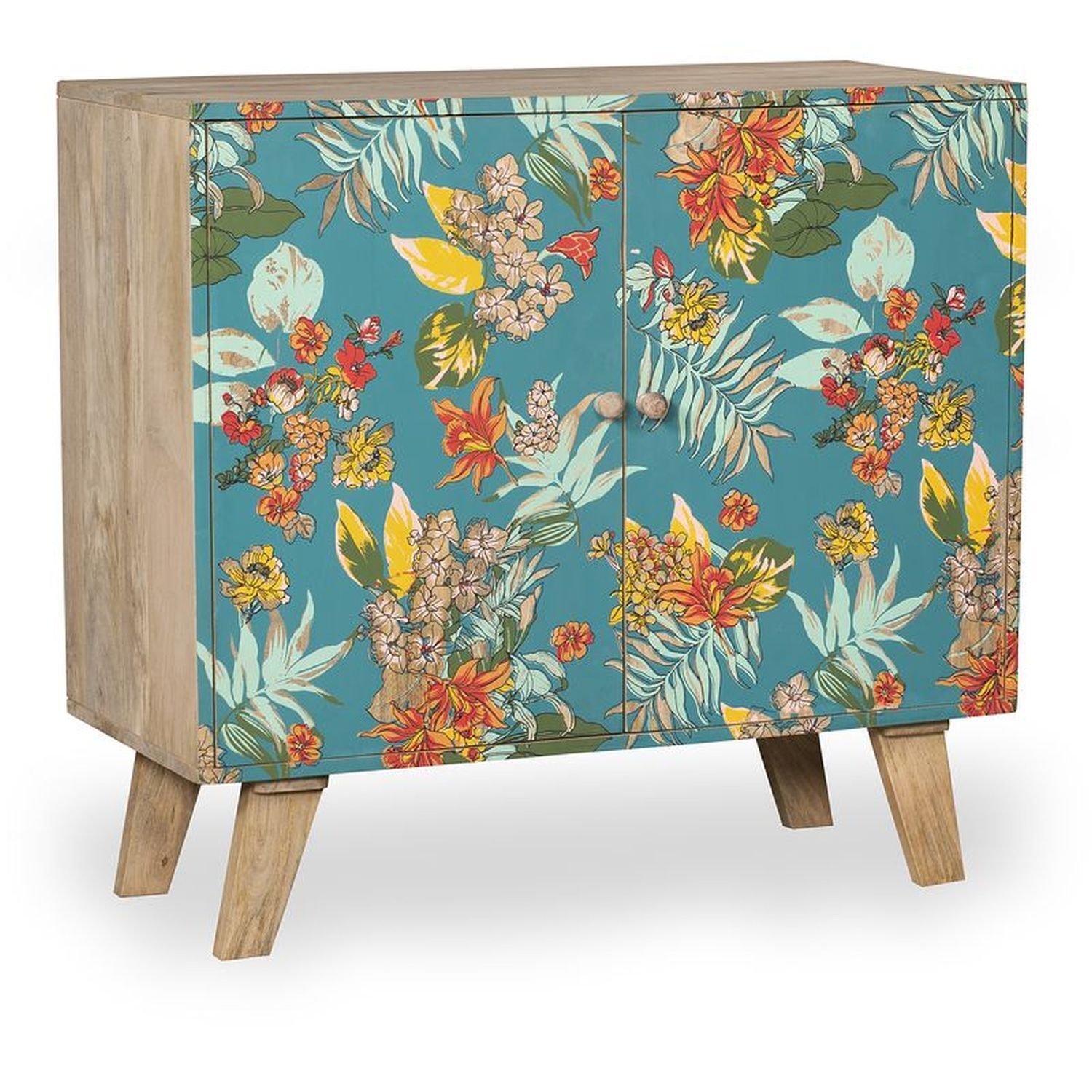 Florales Sideboard Bunt Türkis aus Mangoholz MDF B: 90 cm