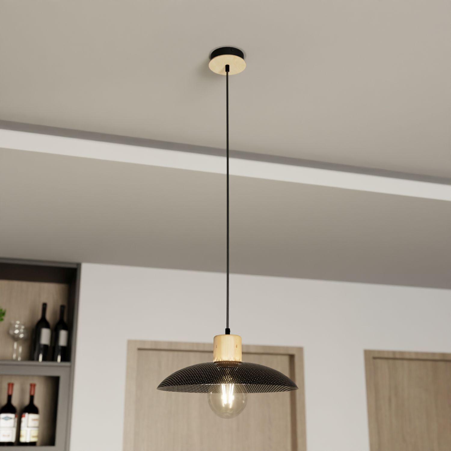 Hängelampe Metall Ø 30 cm Schwarz Holzoptik E27 Loft