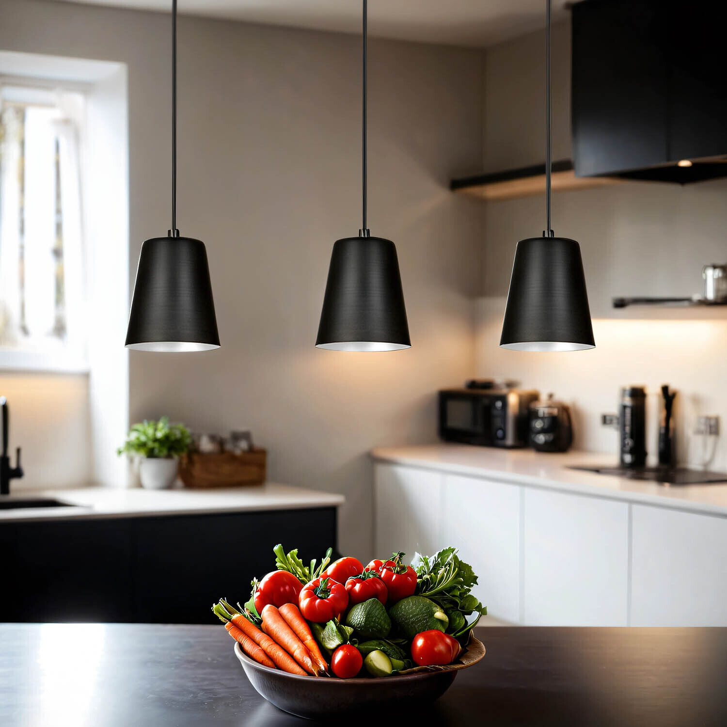 Hängelampe mit Schirm Schwarz Metall 3-flammig E27 Beleuchtung, Drinnen, Küche