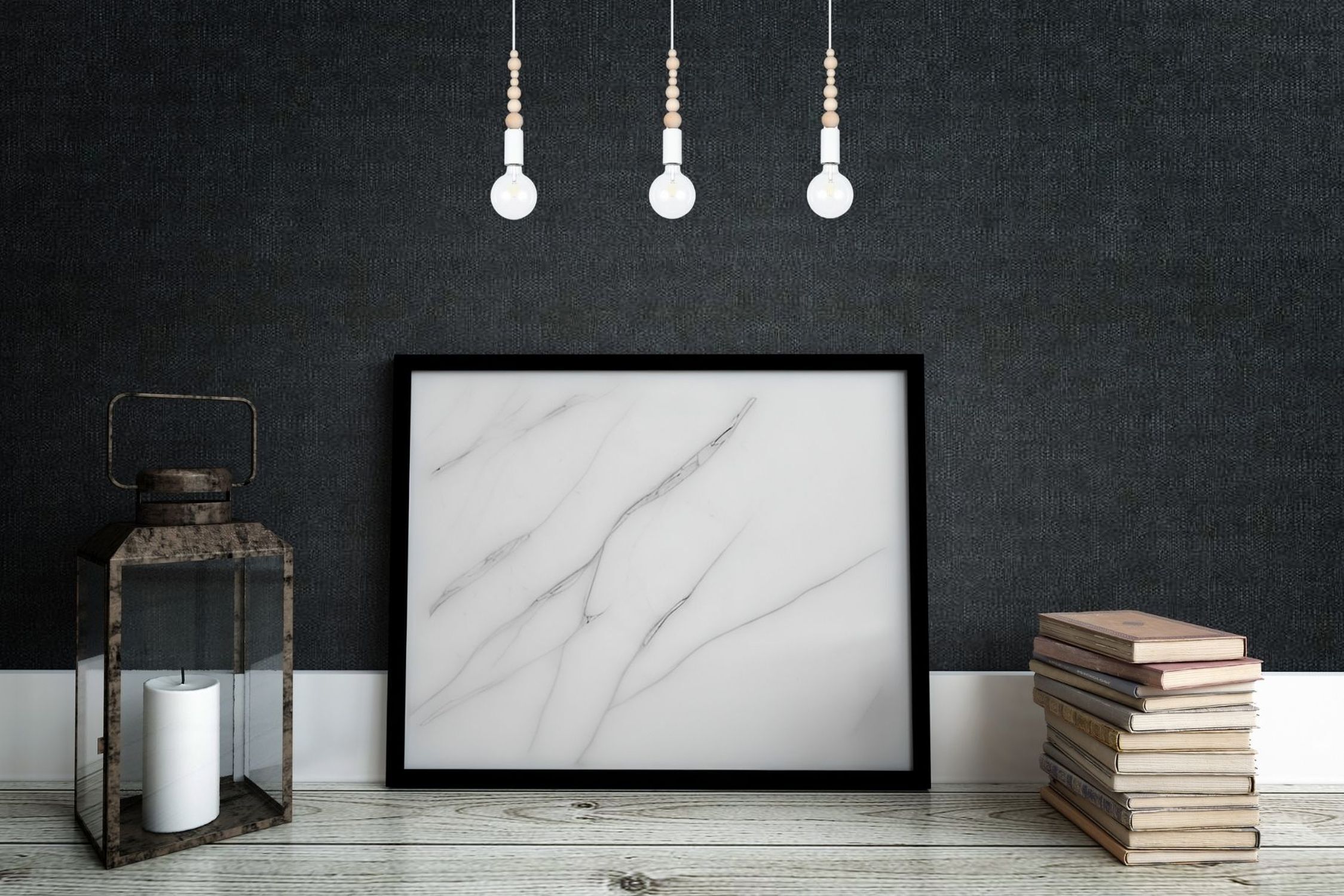 Lange Hängelampe Weiß Holz Metall L:60 cm E27 3-flmg Fotorahmen