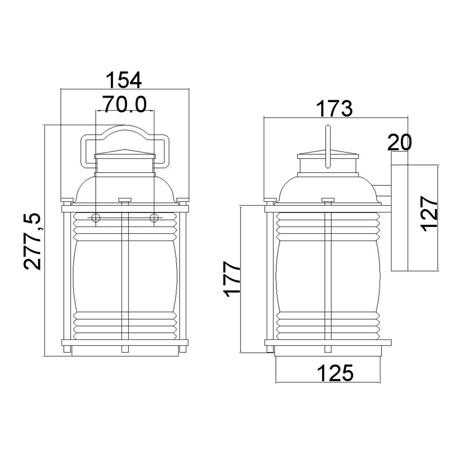 Außenwandlampe Glas Aluminium E27 IP44 H: 27,8 cm Vintage Pub-Label, technische Zeichnung, Bauteil, Zylinder, Abmessungen