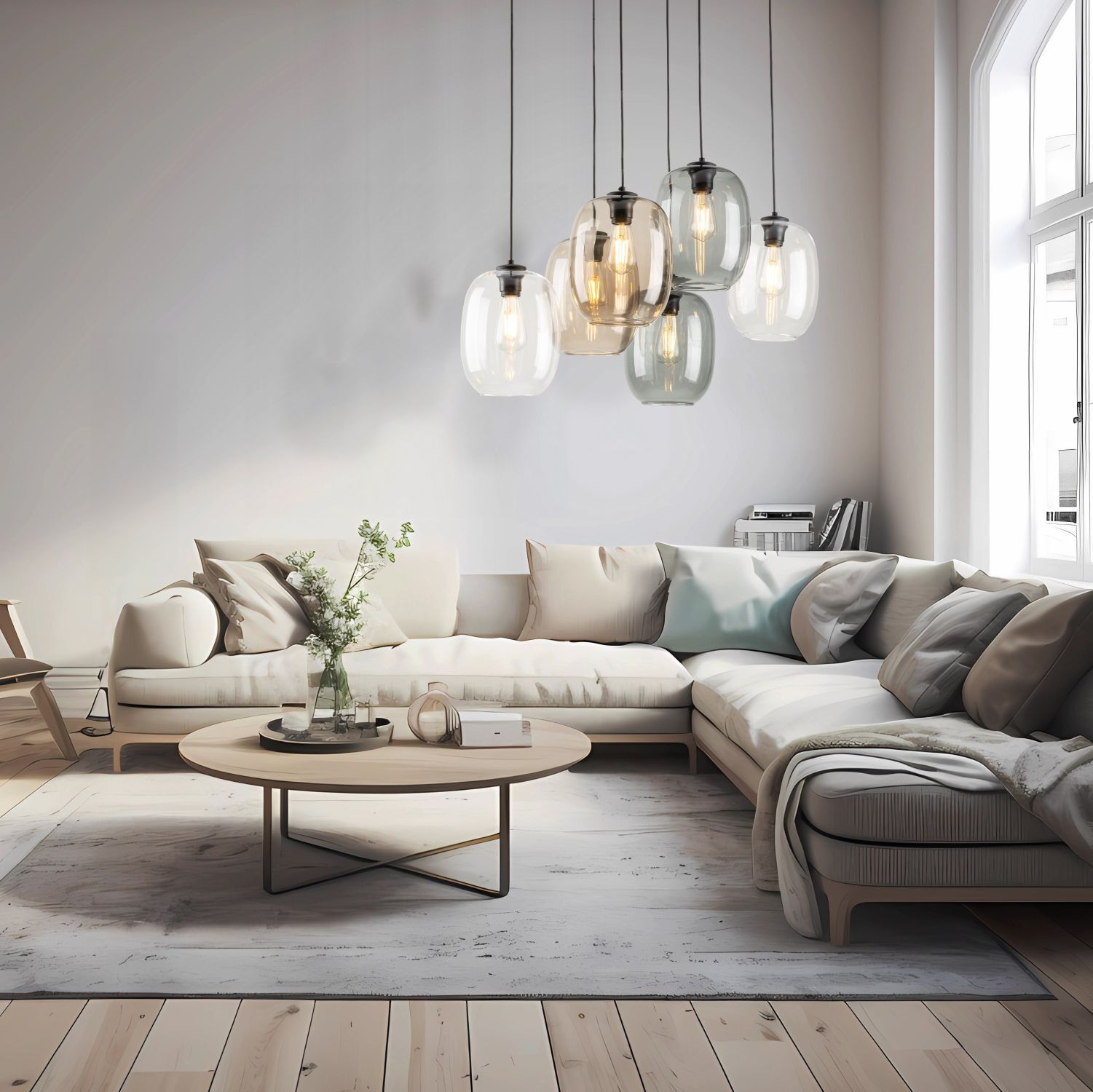 Pendelleuchte Rauchglas Metall L: 70 cm H: max. 1,3 m 6x E27 Dekoration für Zuhause, Tabelle, Couch, Kaffeetisch, Wohnzimmer