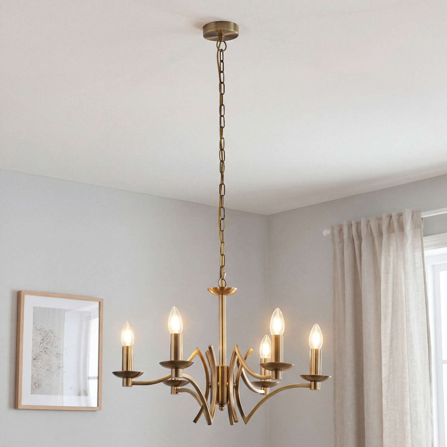 Kronleuchter Esszimmer Ø 56 cm in Messing antik 6-armig E14 Chandelier, Hängeleuchte, Gold, Kette, 5-Lampen