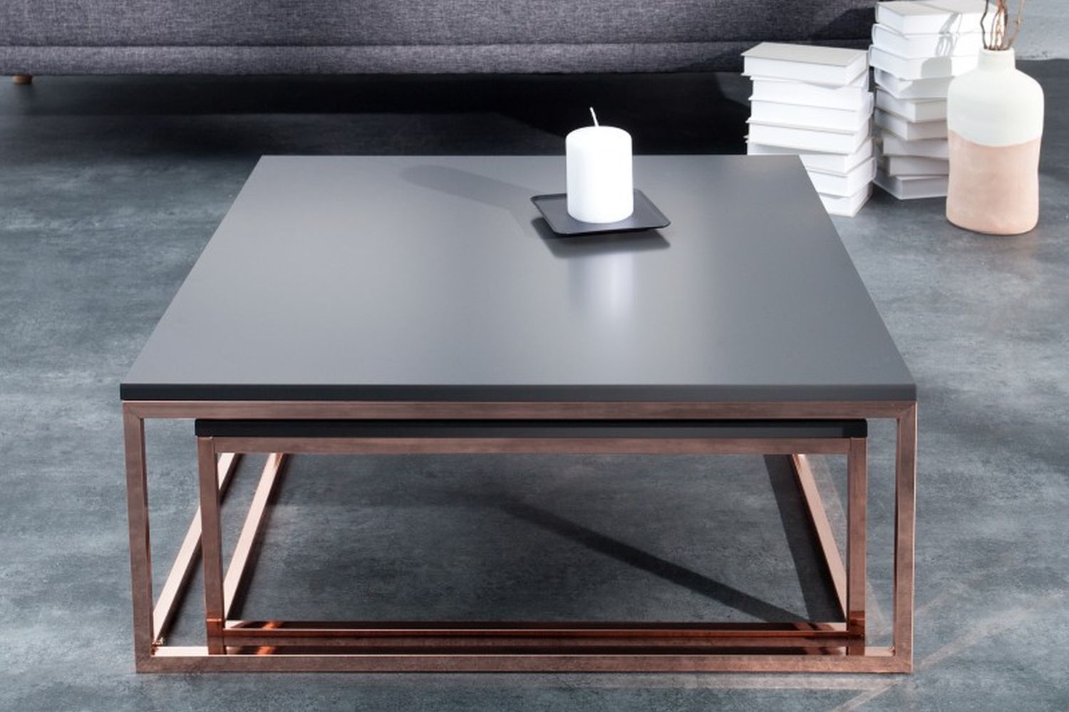 Couchtisch MDF Metall 2er Set in Anthrazit Kupfer Kaffeetisch, Mobiliar, Tabelle, Tischplatte, Schreibtisch