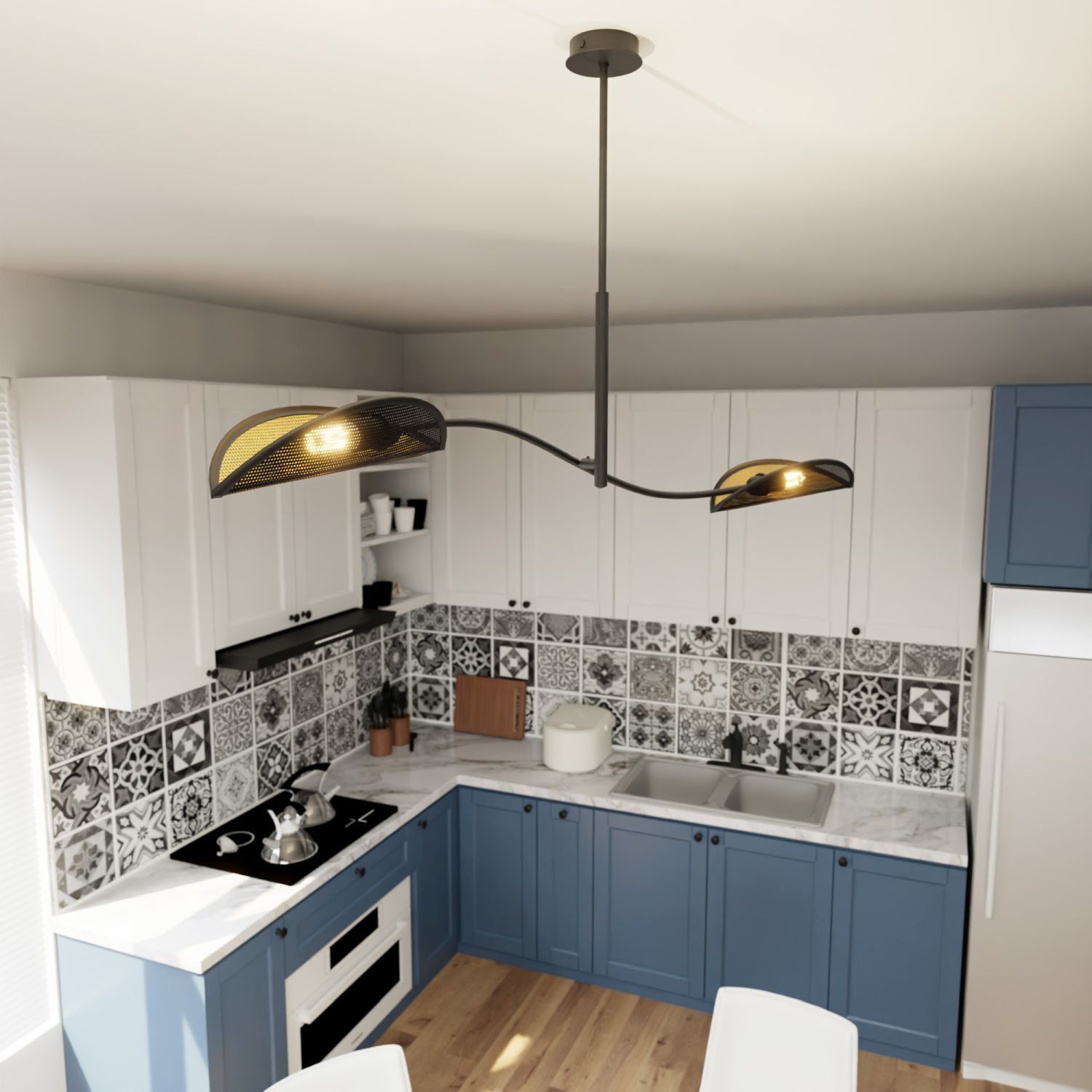 Deckenlampe Stoff Metall 103 cm lang drehbar in Schwarz Gold Drinnen, Küche, Innenarchitektur